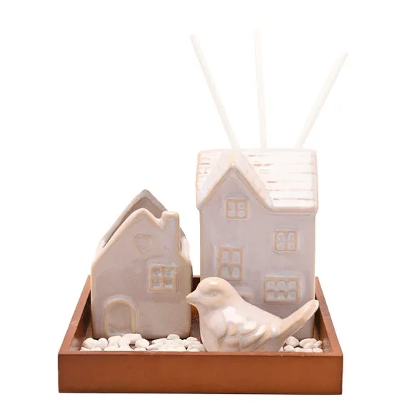 Hestia Ceramic Bird & House Diffuser & Tealight Holder Set