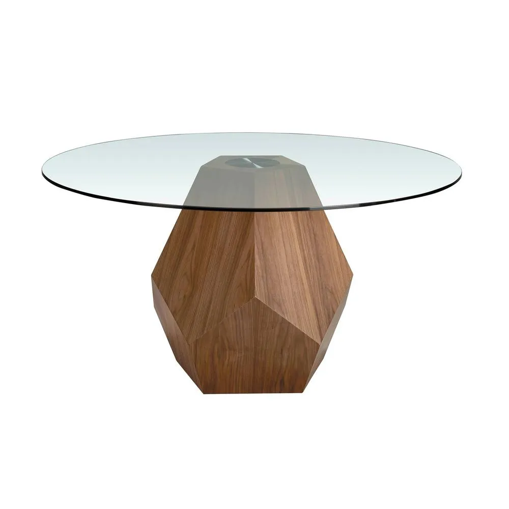 Angel Cerda Round Tempered Glass Dining Table with Walnut Legs in Brown 2