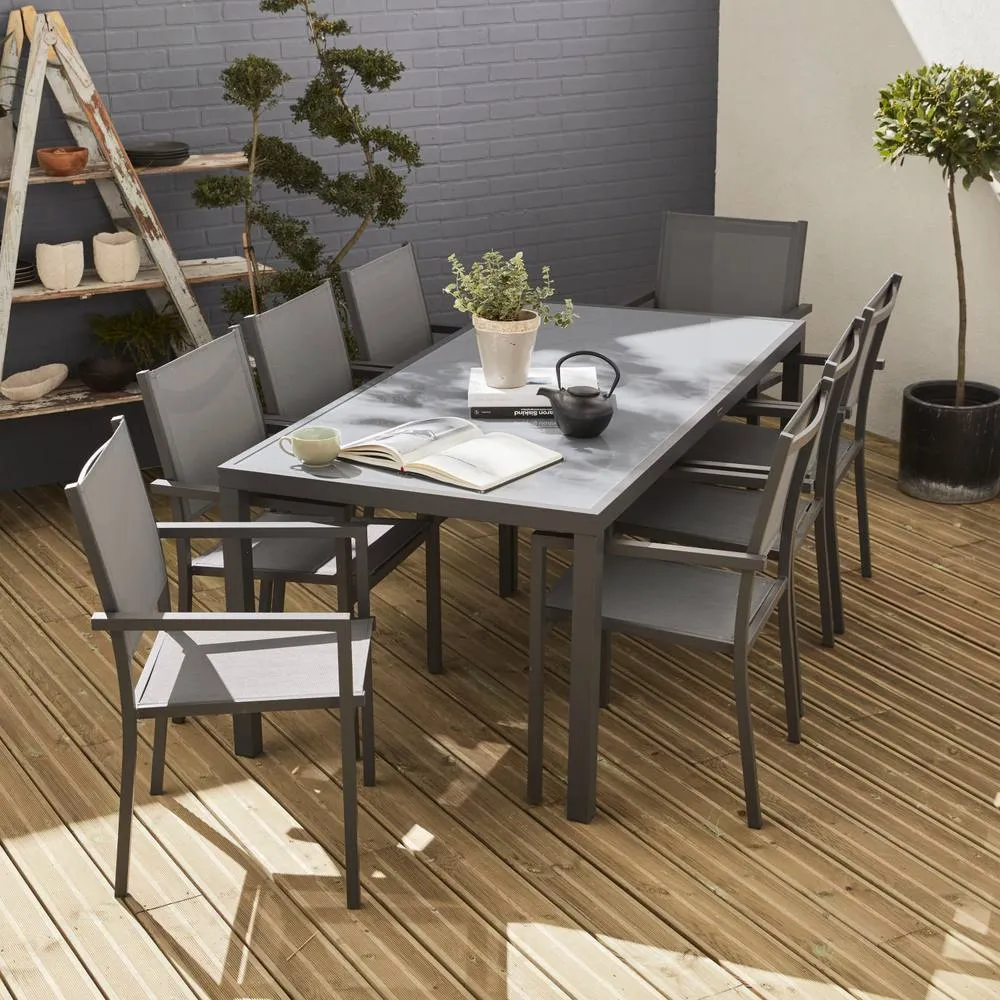 sweeek 8-seater Aluminium Garden Table With Textilene Chairs in Dark Grey