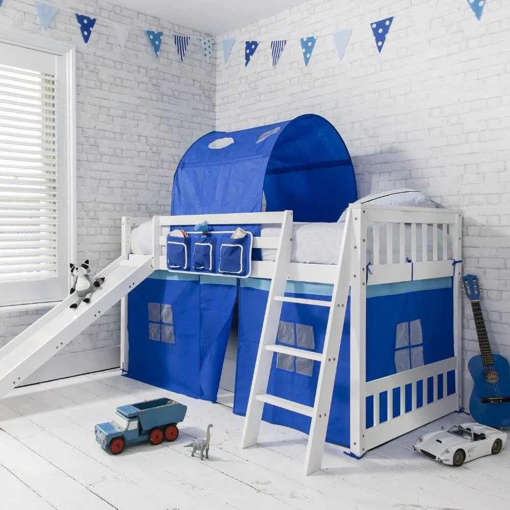 Nöa and Nani Tuva Cabin Bed Low with Bunk Underbed, Slide & Blue Package in White