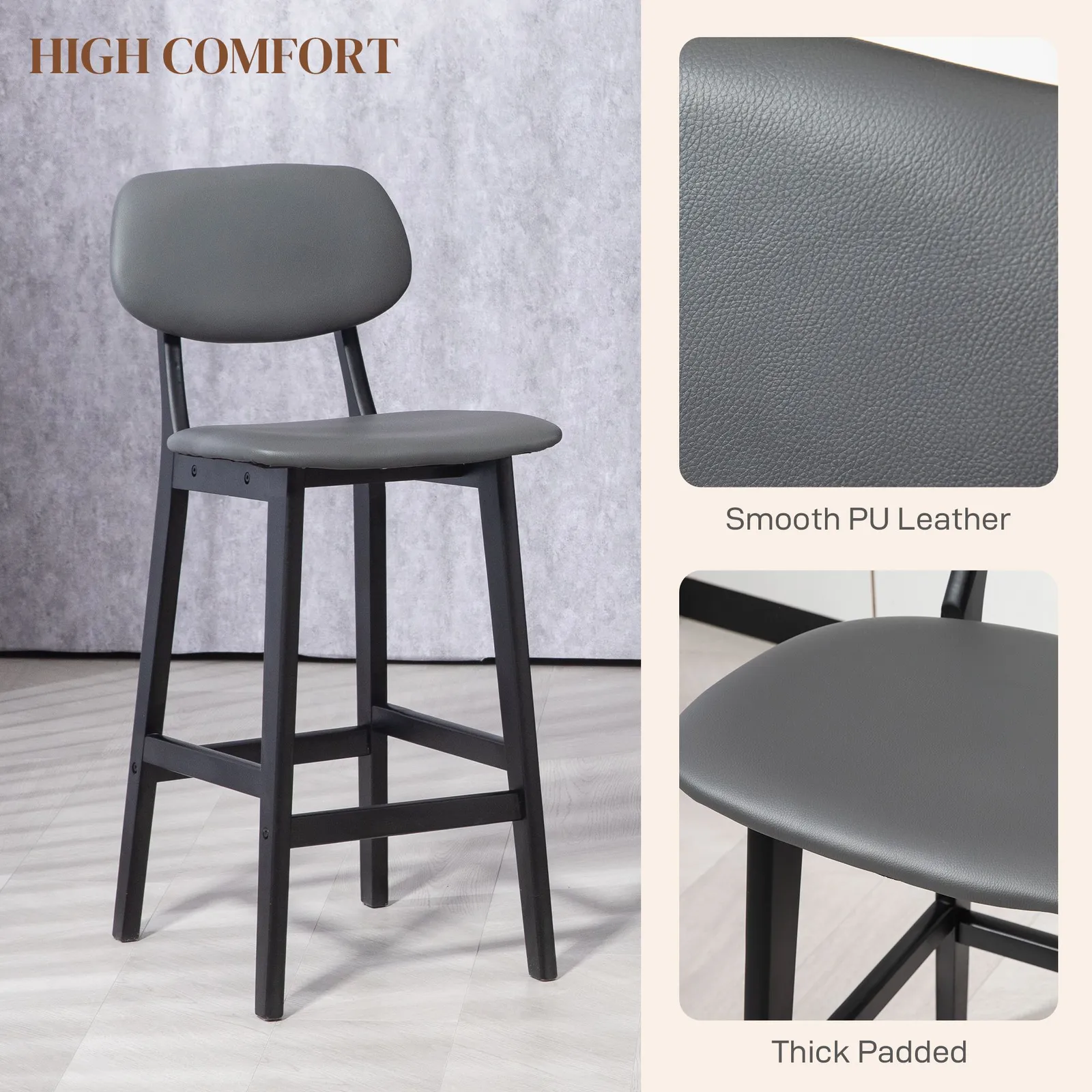 HOMCOM Breakfast Bar stools Set of 2 with PU Leather Cover, Wood Legs in Dark Grey 5