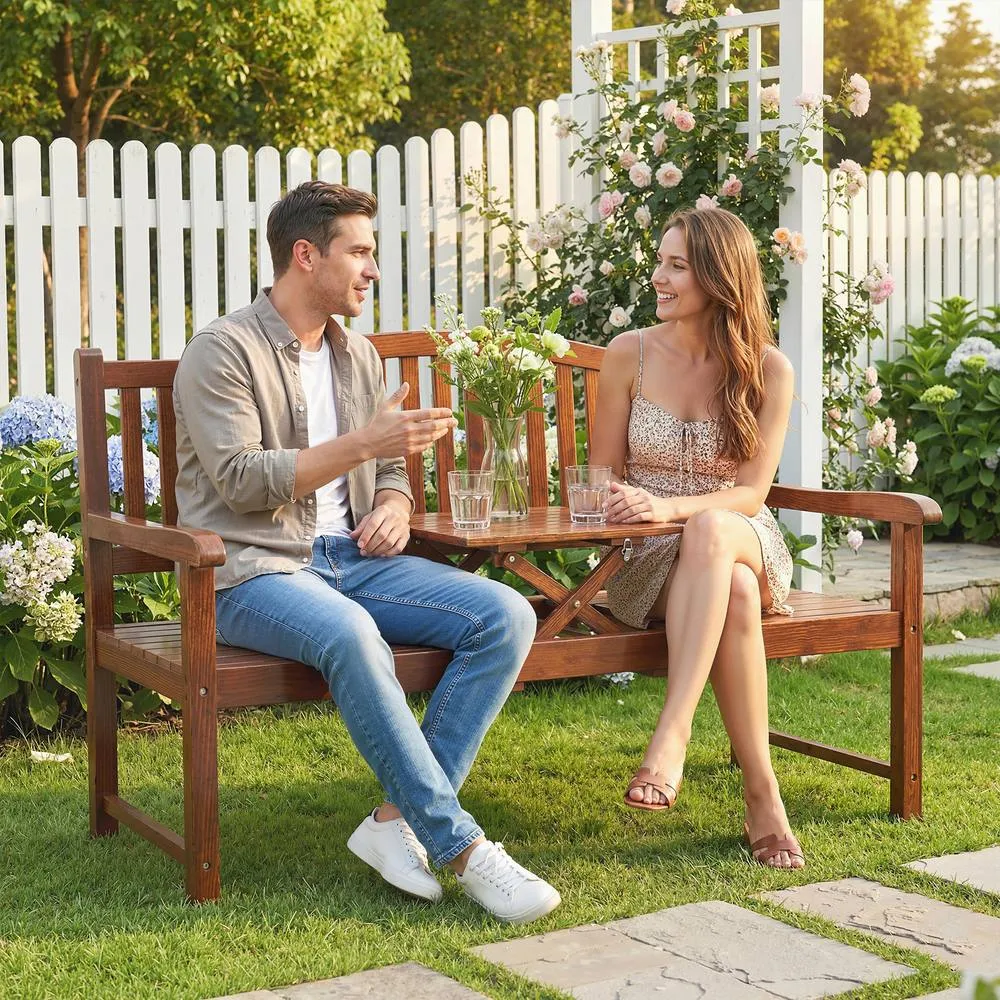 OUTSUNNY Wood Garden Loveseat Bench with Liftable Table, Cover, Light Brown