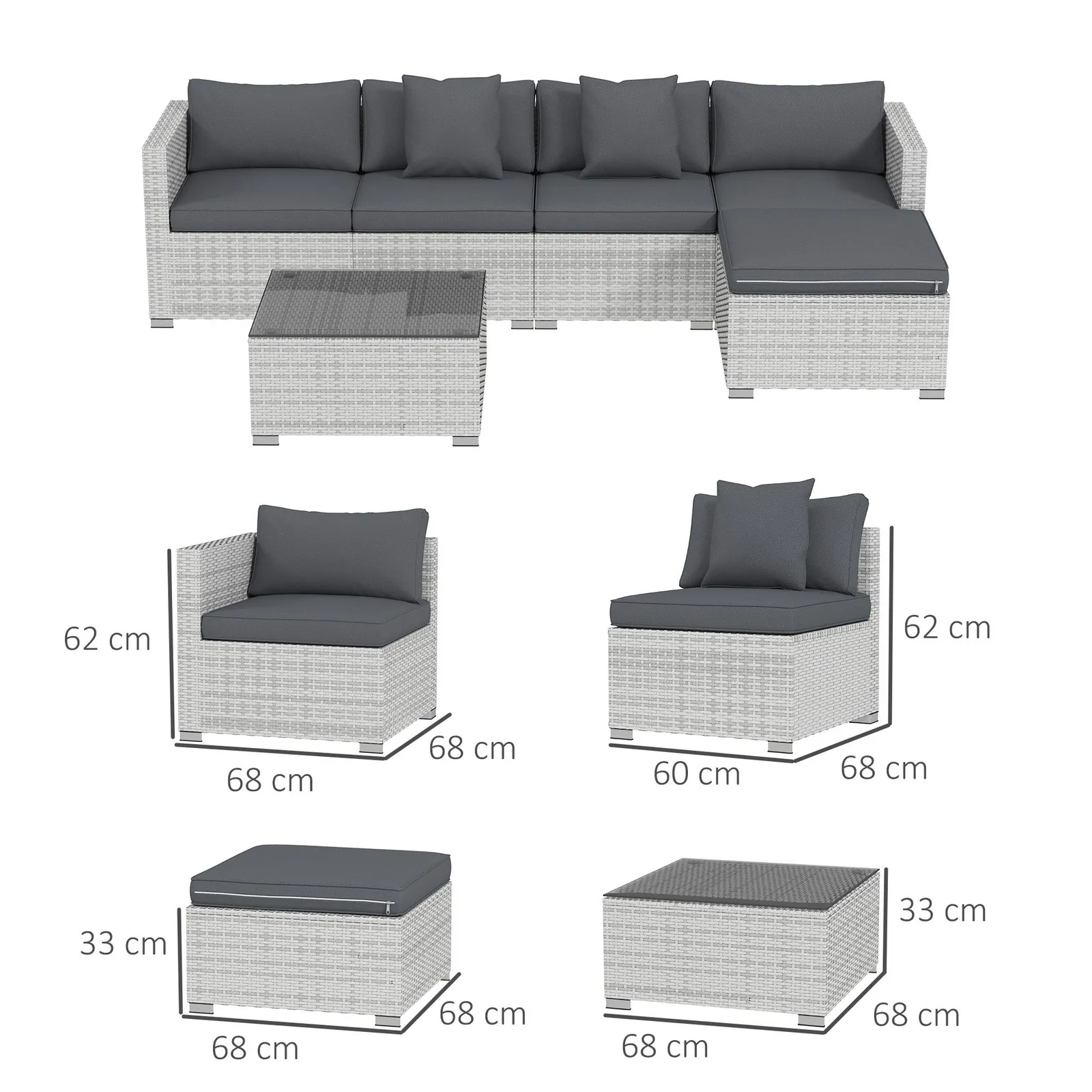 OUTSUNNY 6 Pieces Rattan Furniture Set Garden Sofa Set Mixed Grey 3