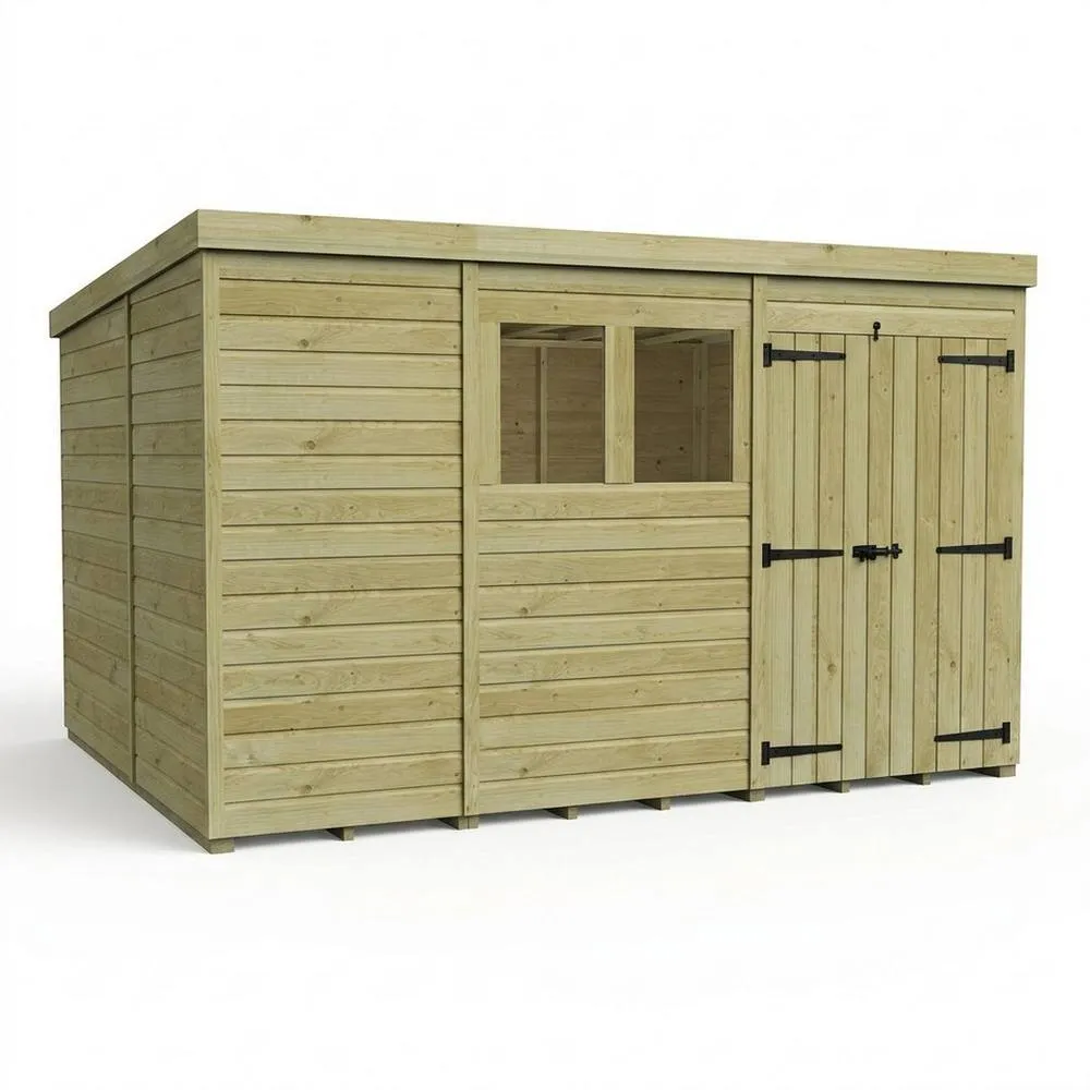 Buttercup Farm 11ft x 10ft Pent Garden Shed Double Door With Windows - Timber in Brown