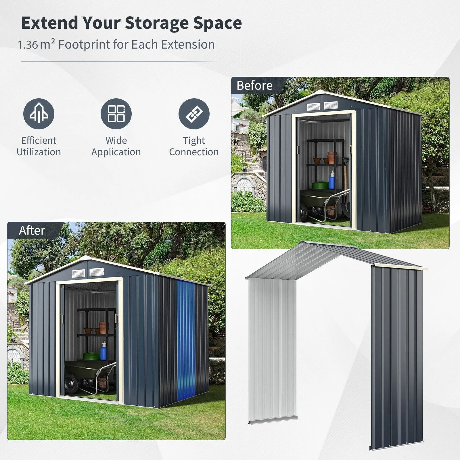 Costway Outdoor Storage Shed Extension Kit for 195 cm Shed Width Increased Storage Space in Grey 5