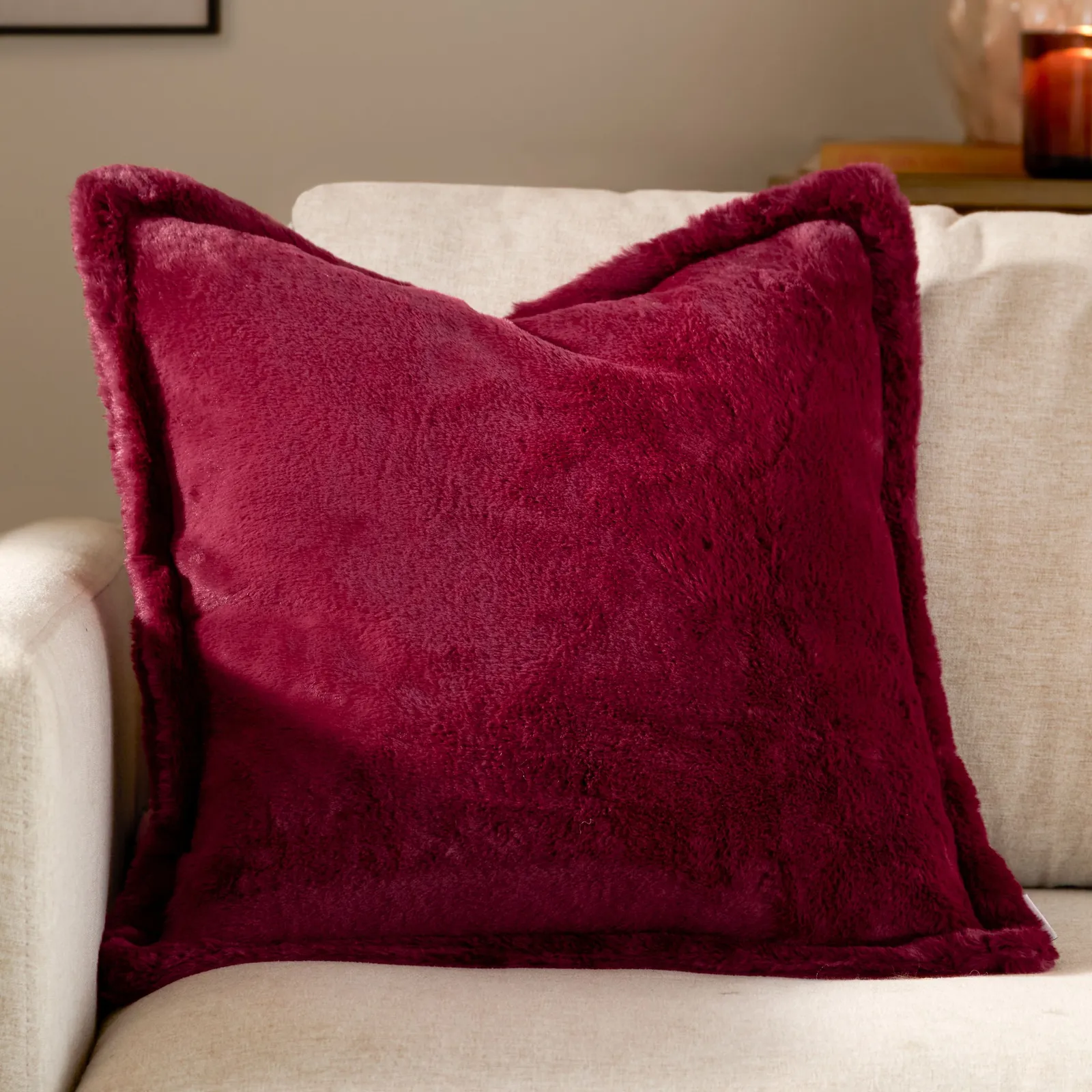 Furn Kallu Faux Fur Cushion Berry Red, Red