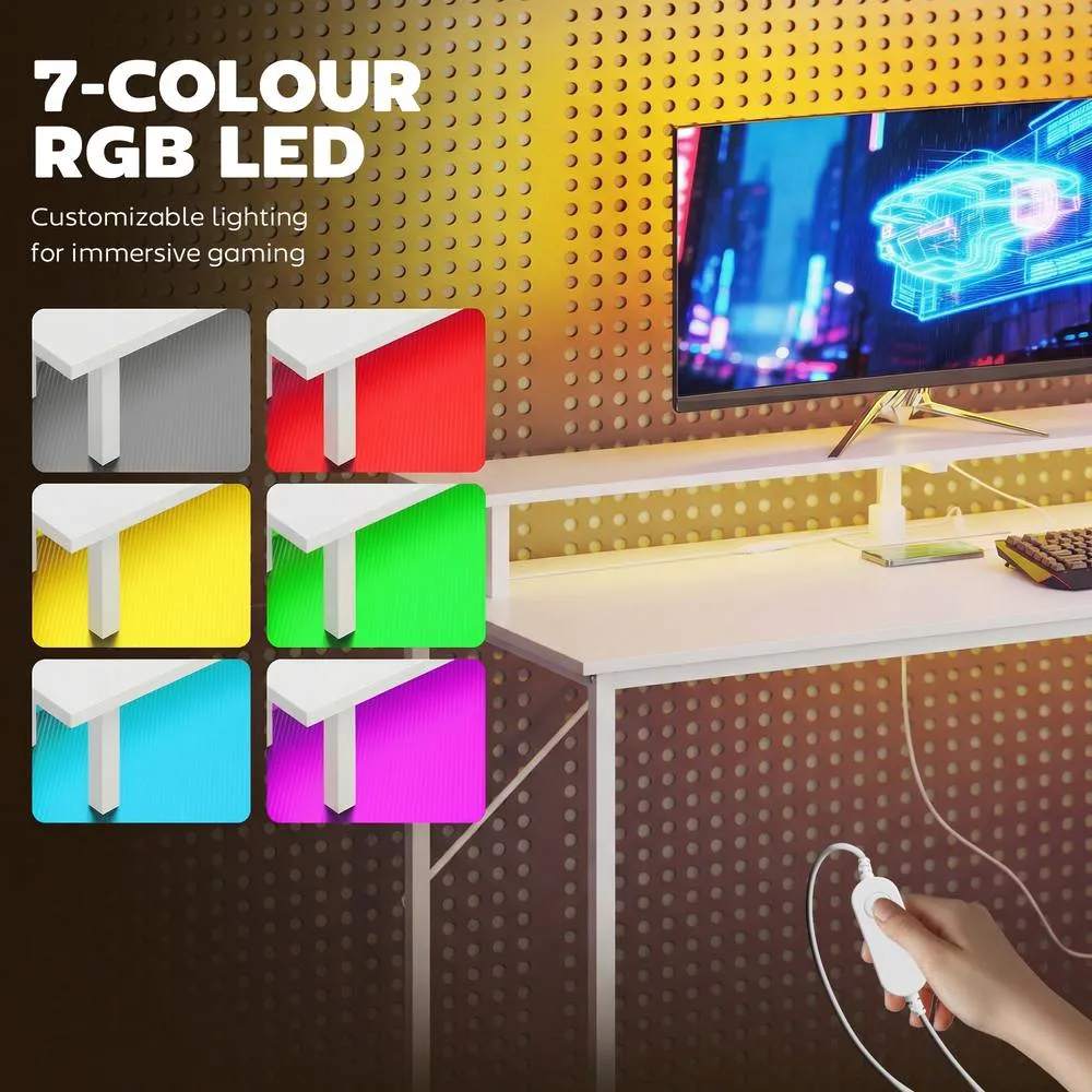 HOMCOM 147cm Gaming Desk with Charging Station & RGB Lights in White 6