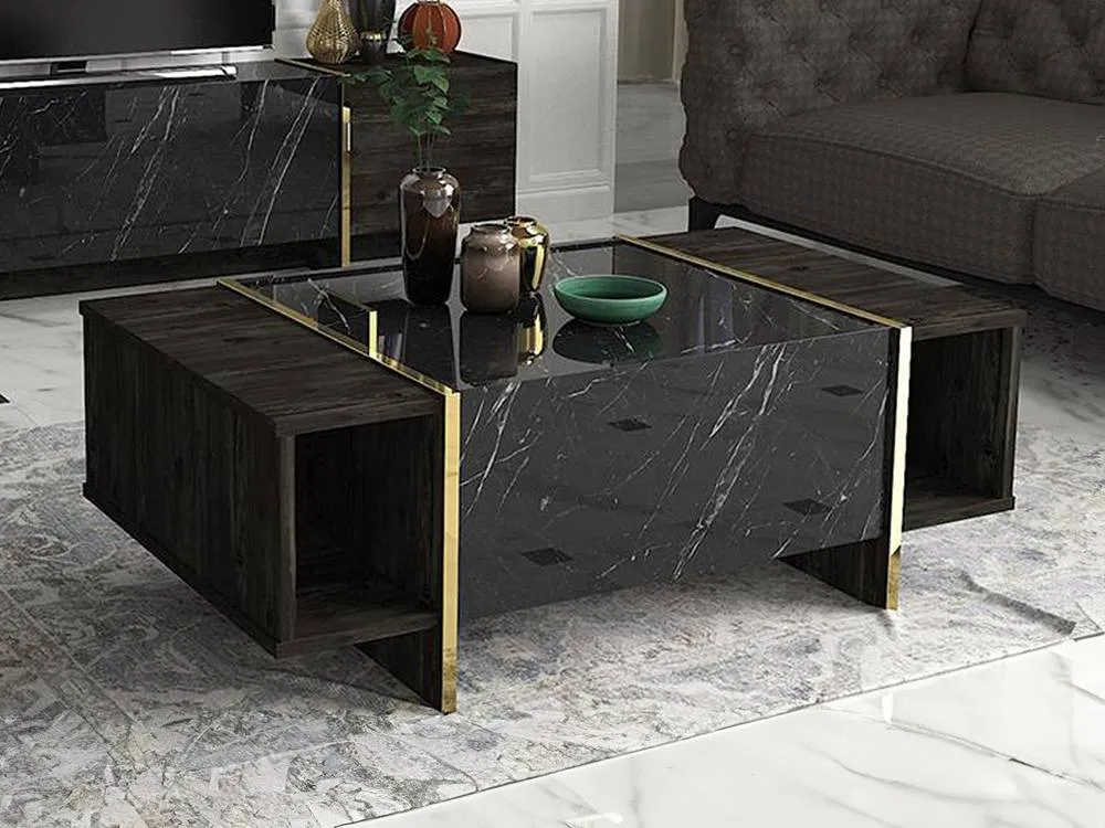 Vente-unique 1 - Door & 2 - Compartment Coffee Table - Black Marble Effect, Dark 3