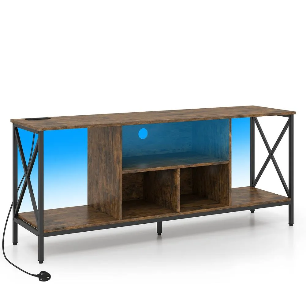 Costway TV Stand LED Lights for 65 Inch TV Power Outlets in Brown