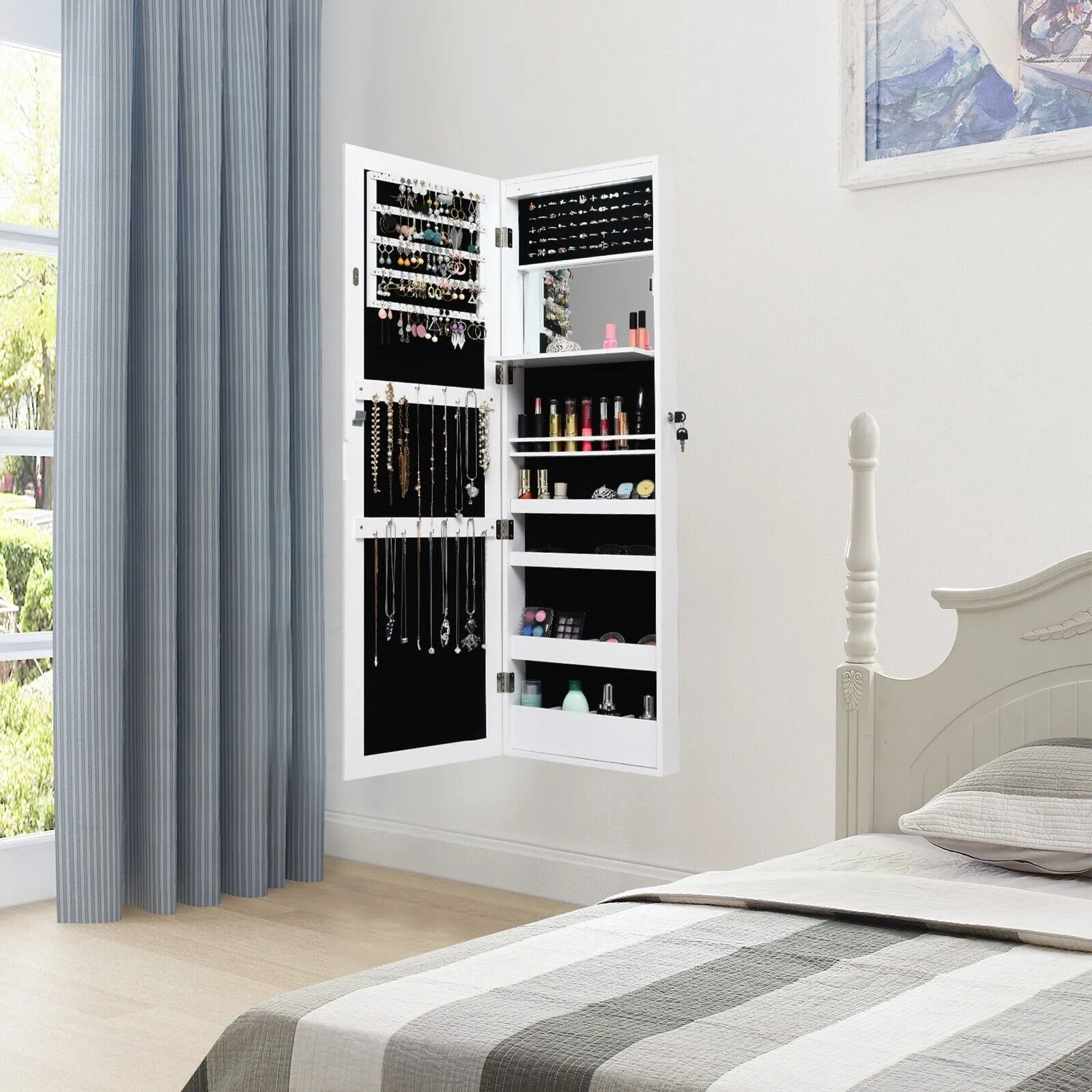 Costway Wall mounted Jewelry Storage Cabinet Door Hanging Jewelry Armoire with Full Mirror in White 3