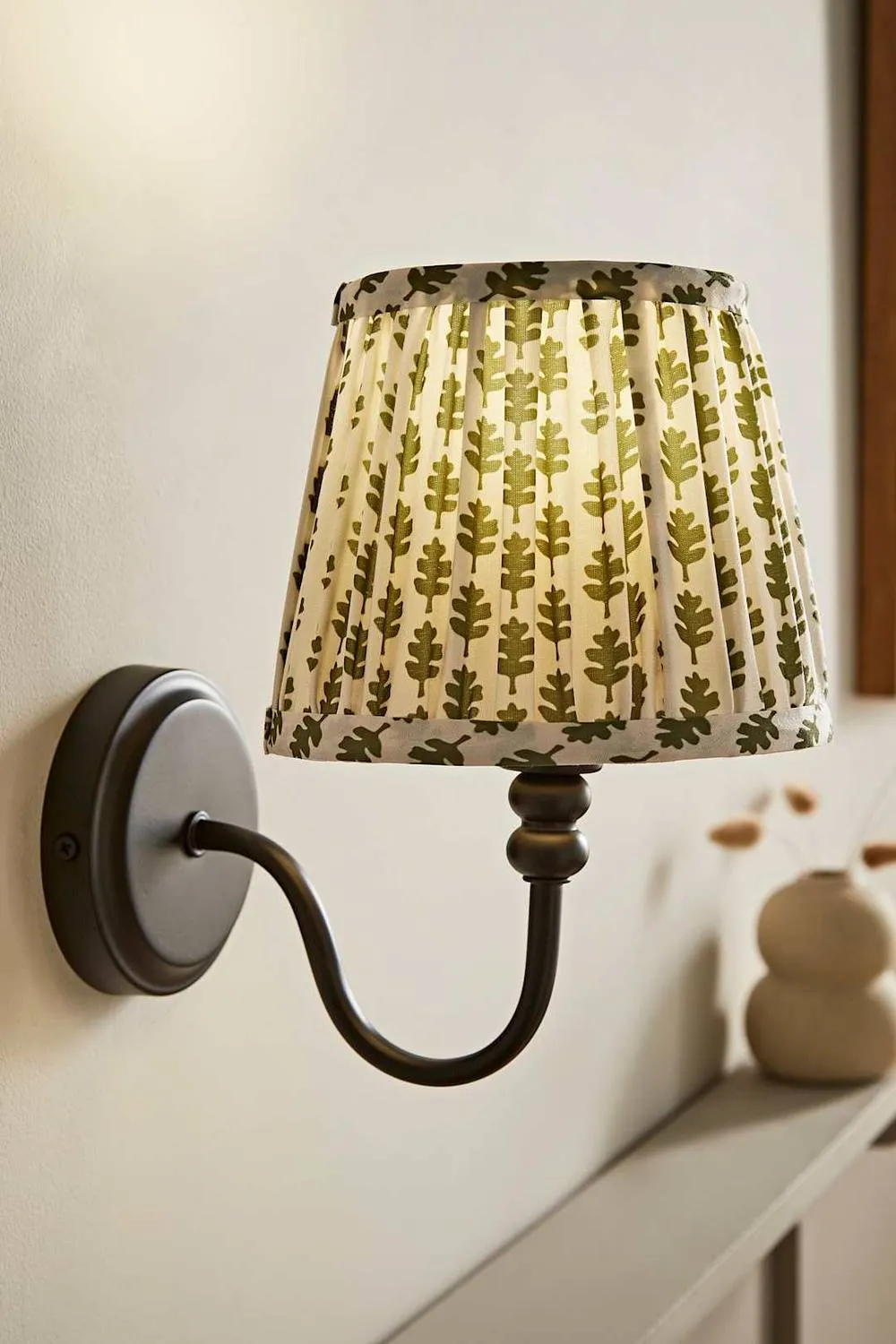 ValueLights Binky Pair of Rechargeable Black Wall Lights & Floral Pleated Shades in Pale Green 2