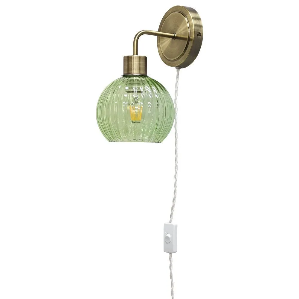 First Choice Lighting Toby - Antique Brass Plug in Wall Light with Betchley Green Shade in Gold