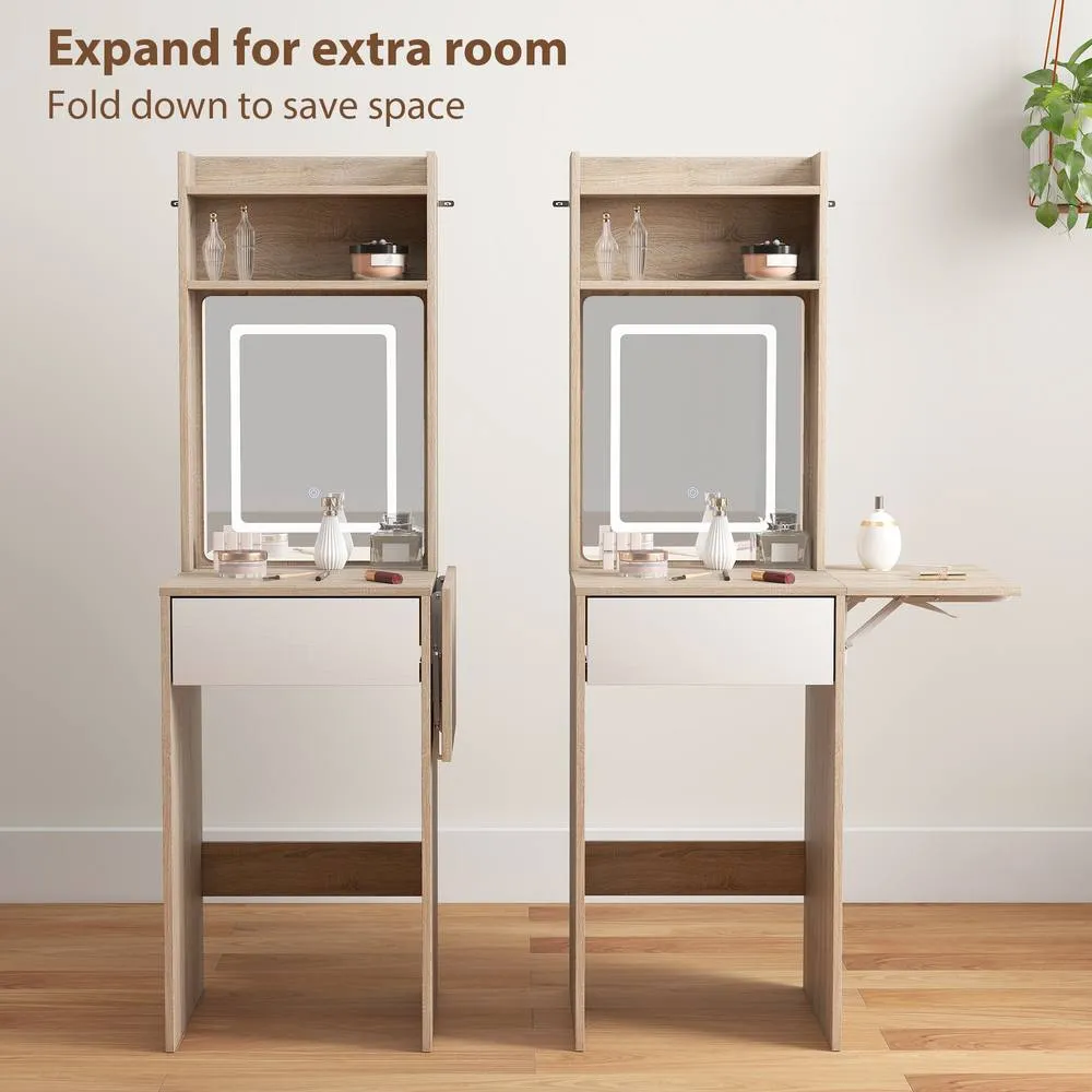 HOMCOM Compact Dressing Table with Lighted Mirror Open Shelves Drawer in Natural 5