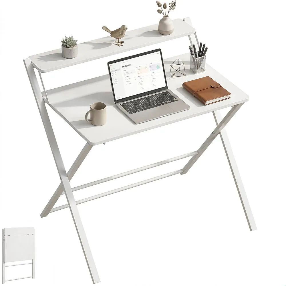 HOMCOM Folding Desk with 2-Tier Shelf for Home Office in White 2