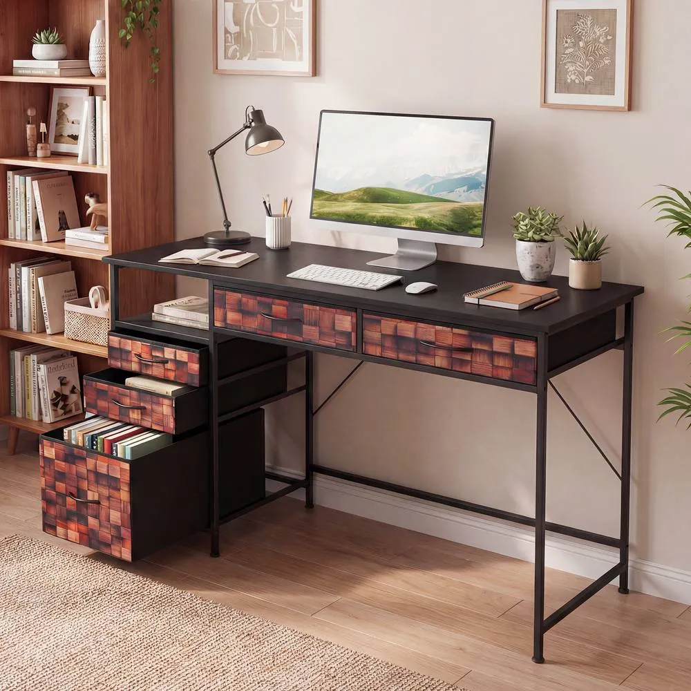Costway 120 CM Computer Desk Home Office Desk w/Shelf & Drawers Study Desk in Brown 3