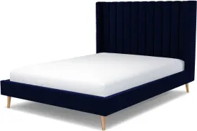 Cory King Size Bed, Prussian Blue Cotton Velvet with Oak Legs