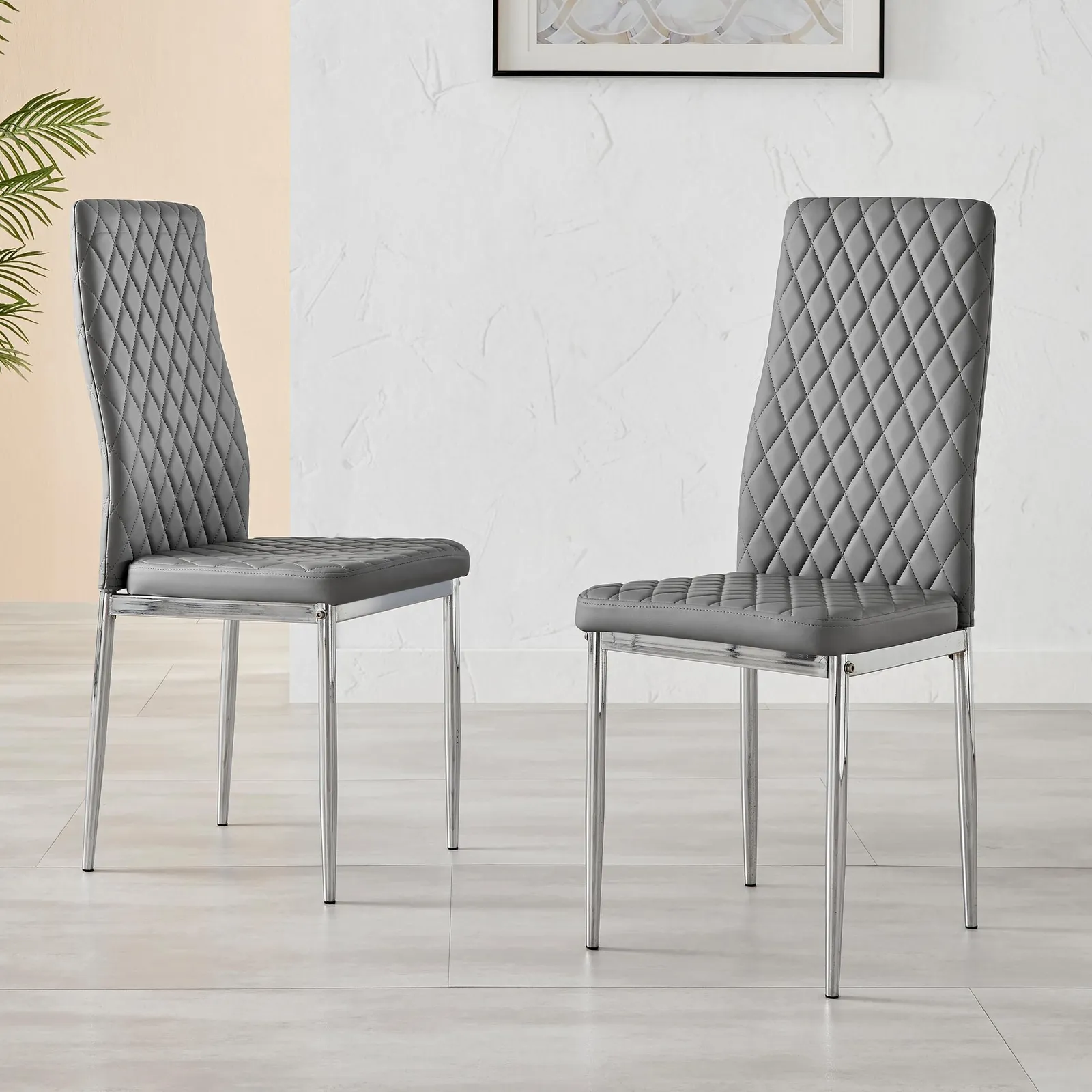 FurnitureboxUK Set of 6 Milan High Back Soft Touch Diamond Pattern Faux Leather Dining Chairs With Silver Chrome Metal Legs in Grey 2