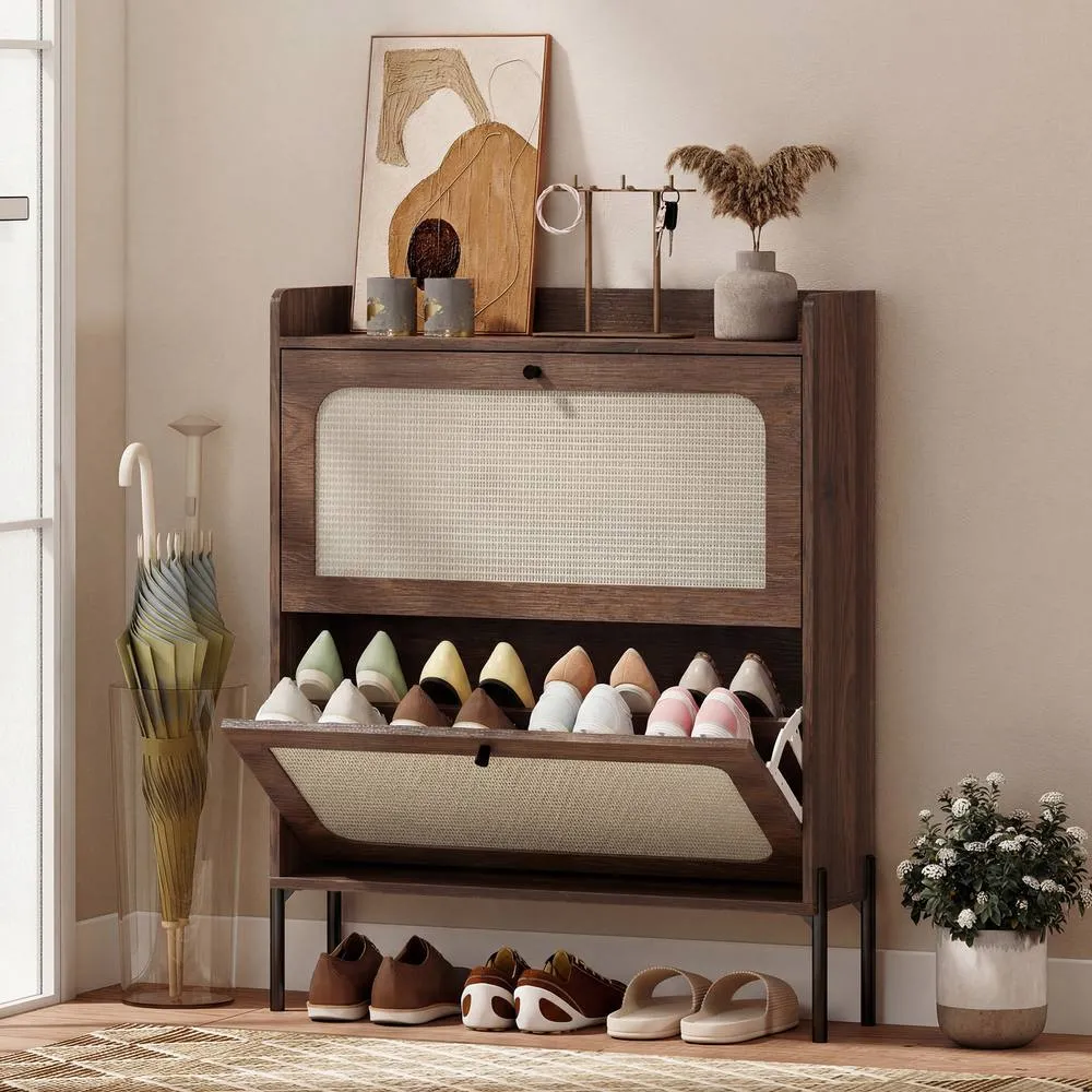 HOMCOM Boho Narrow Shoe Cabinet, Shoe Rack with 2 Flip Drawers in Dark Brown 2