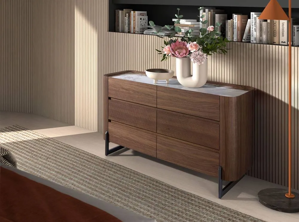 Angel Cerda Walnut Veneer 6-Drawer Chest with Porcelain Marble in Brown 3