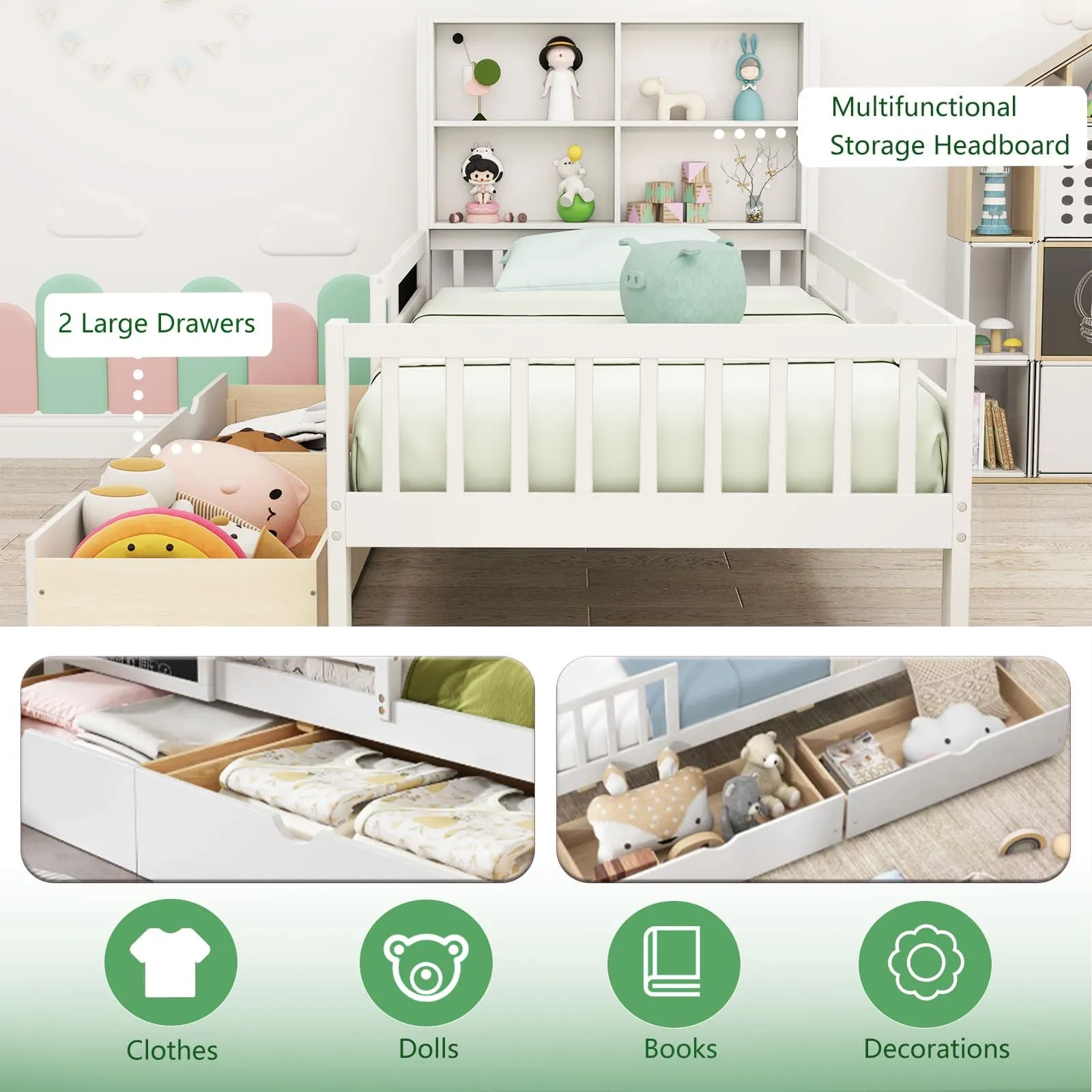 Costway Single Size Bed Frame Solid Wood Platform Bed w/2 Storage Drawers in White 2