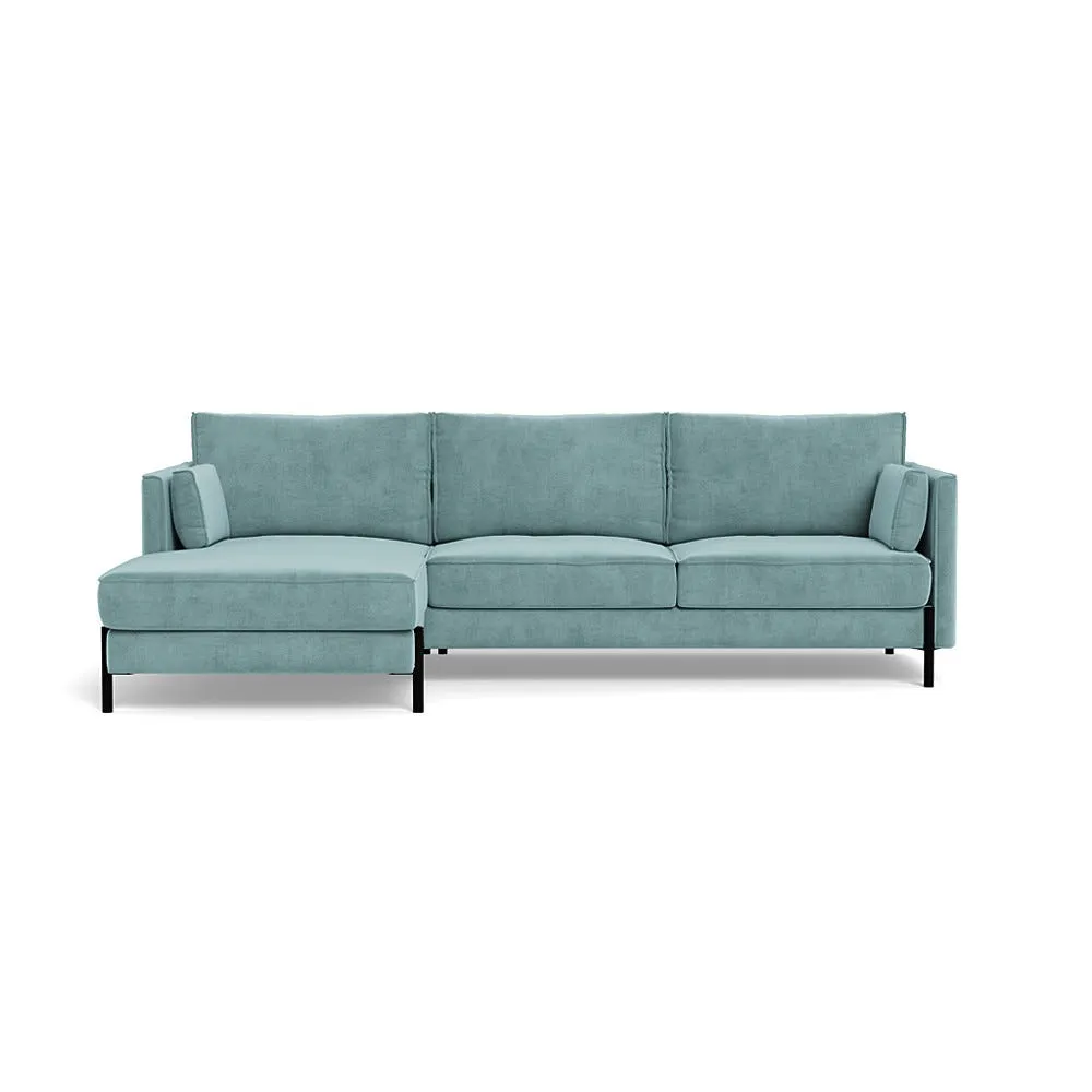 Heal's Tortona Left Hand Facing 4 Seater Corner Chaise Smart Luxe Velvet Mineral Blue Black Feet 1