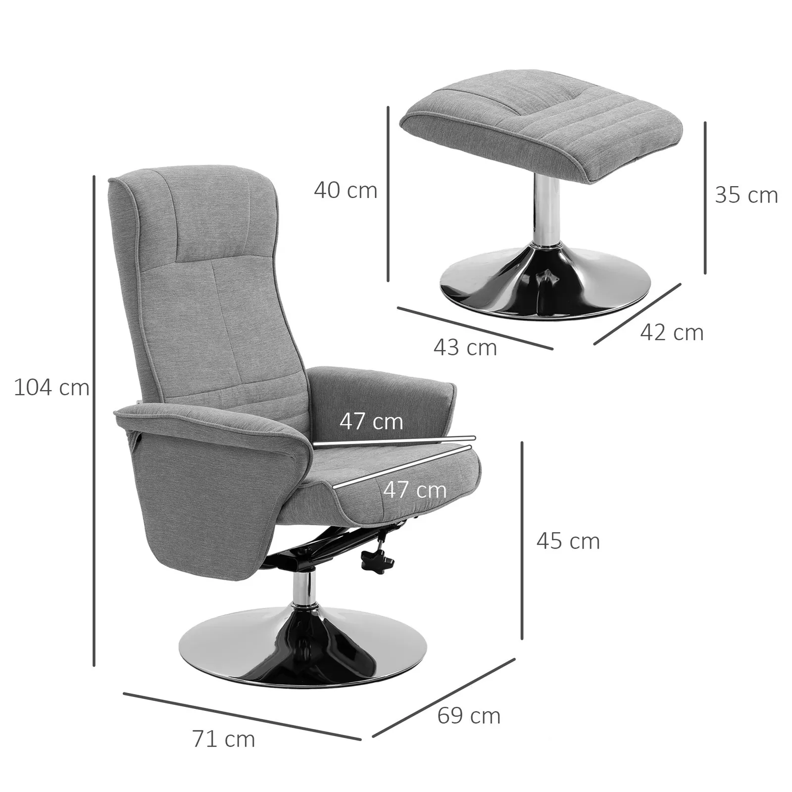 HOMCOM Upholstered Swivel Recliner Armchair with Ottoman, Grey 3
