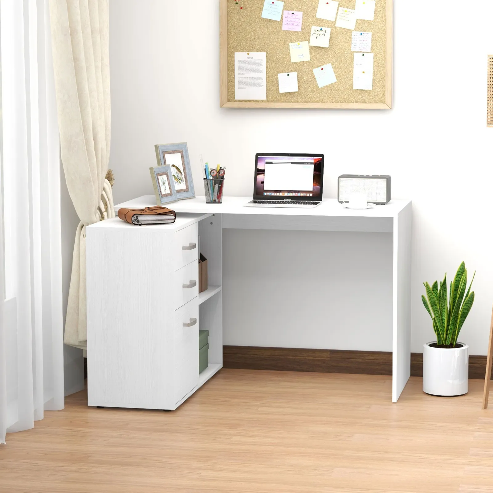 HOMCOM Computer Desk Table Workstation L Shape Drawer Shelf File Cabinet Home in White