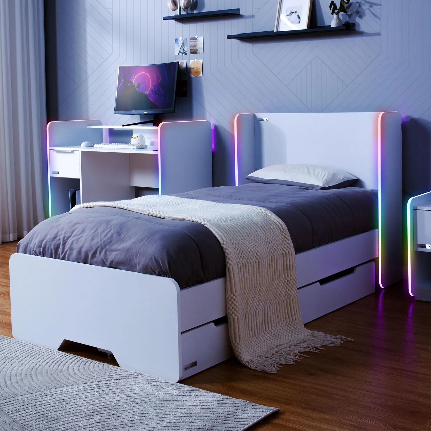 X Rocker Electra Single Bed with Trundle Drawers, Storage & LED Lights in White