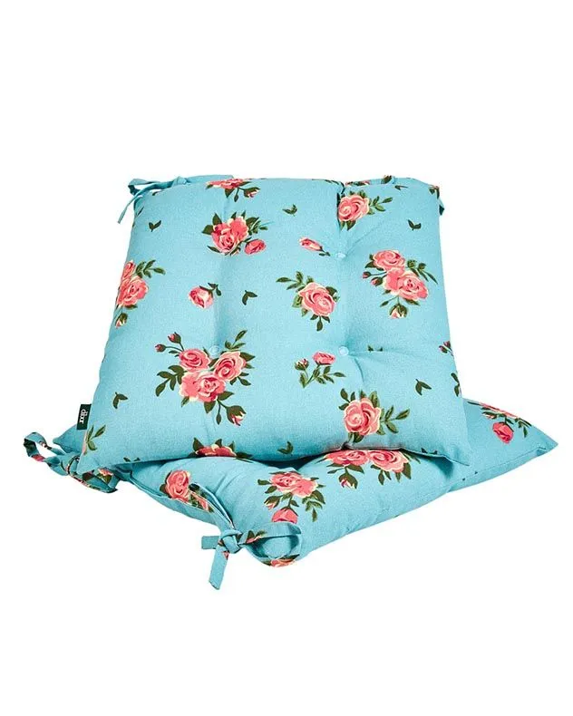 Dibor Set of 2 Floral Blue Summer Outdoor Garden Chair Seat Pad Cushions W40 x L40cm 2