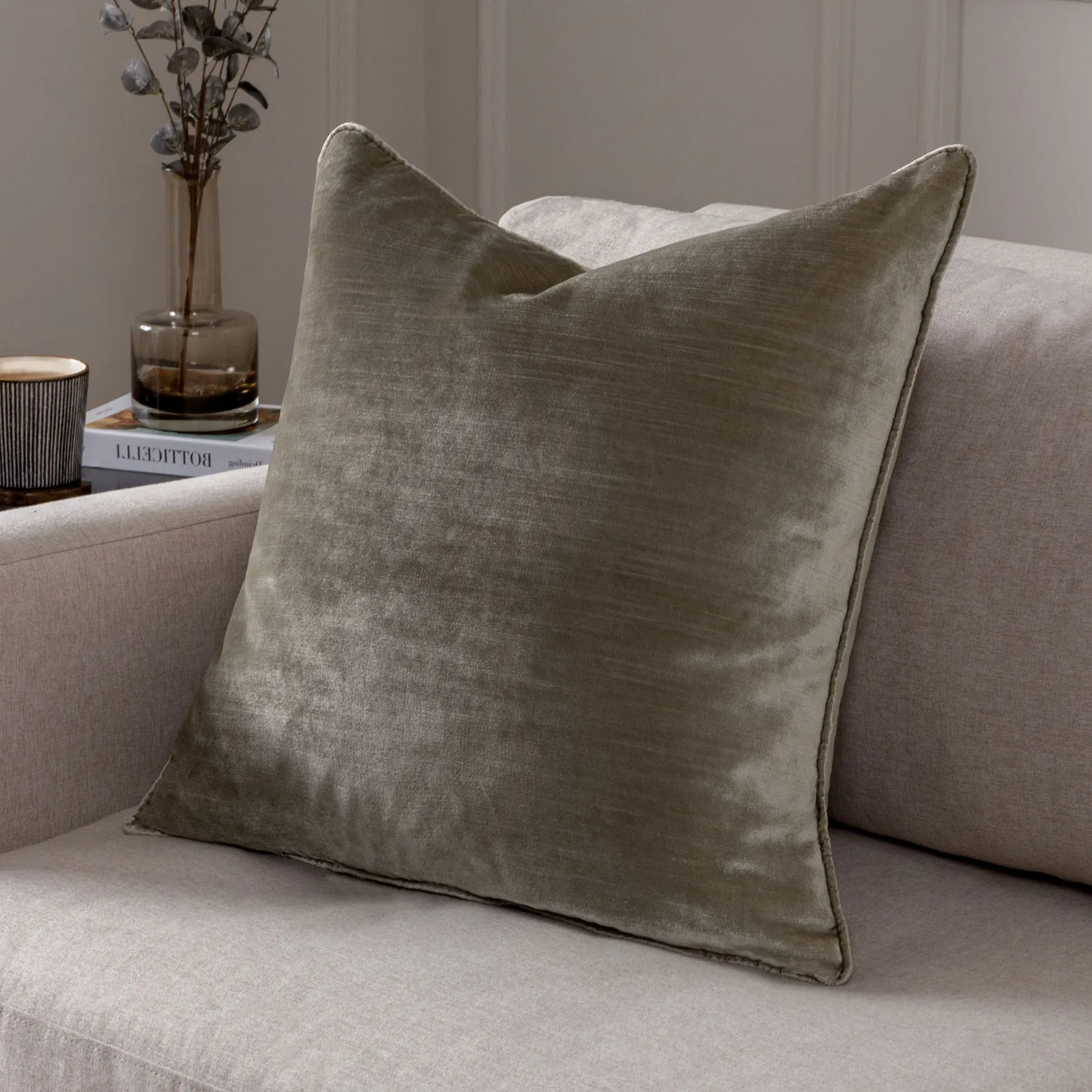 Paoletti Luxe Velvet Piped Cushion in Taupe 1