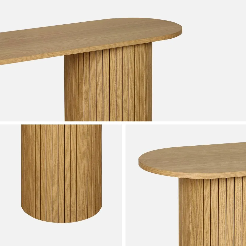sweeek Scandinavian Oval Console With Grooved Wooden Effect in Light Brown 3