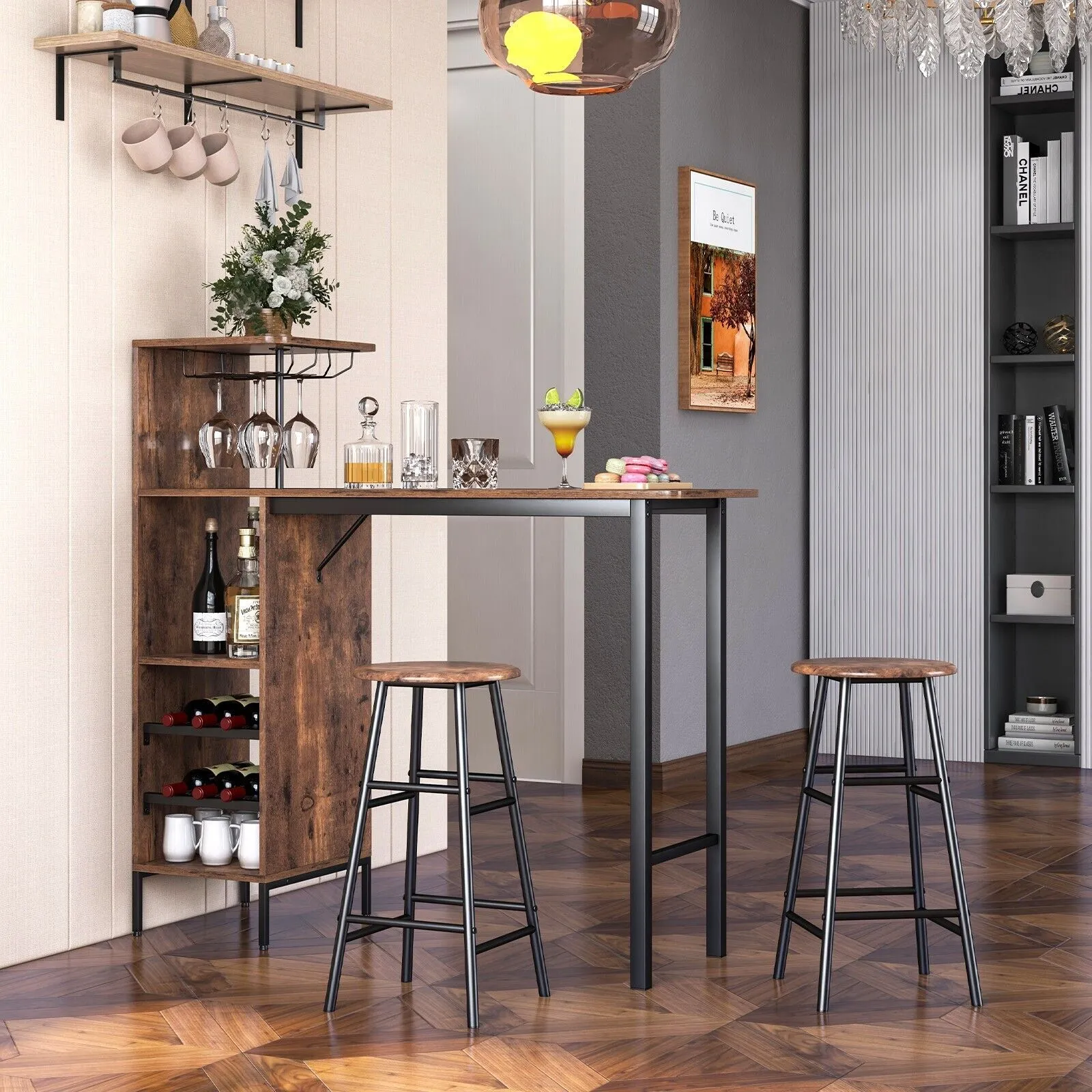 Costway 3PCS Bar Table Chair Set Industrial Dining Table Stools w/ Glass Holders & Wine Racks in Brown 4