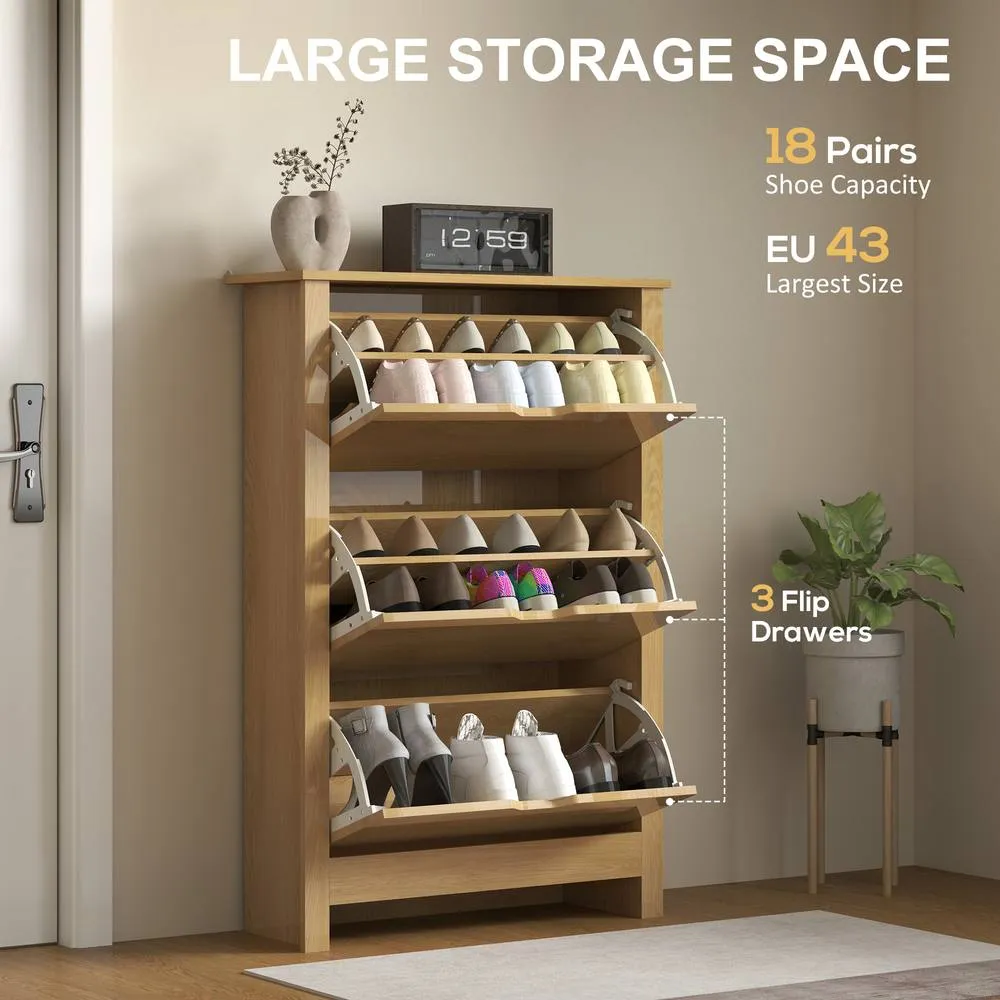 HOMCOM 18-Shoe Storage Cabinet 6 Shelves 3 Drawers in Natural 4