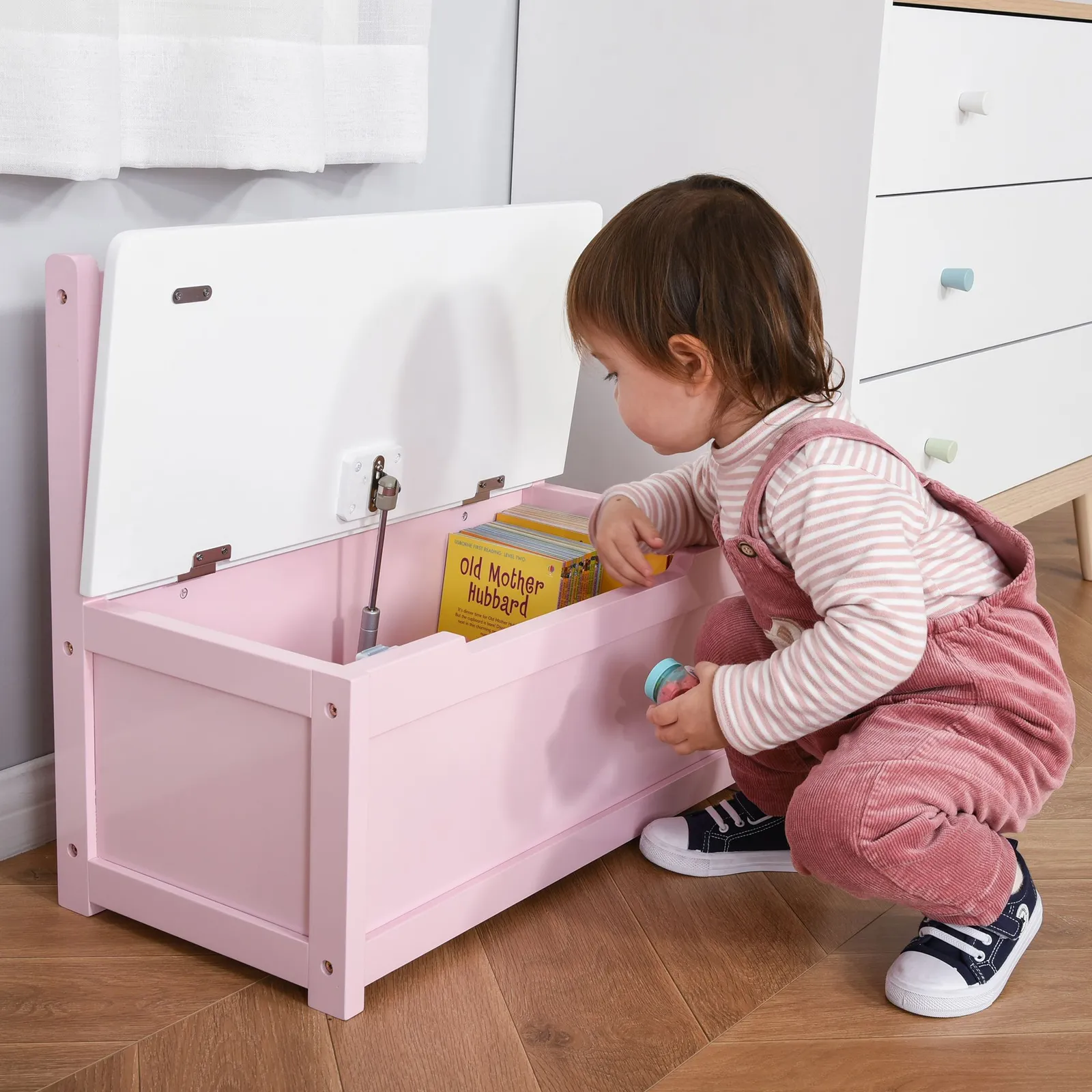 HOMCOM 2 In 1 Wooden Toy Box, Seat Bench Storage Chest w/ Pneumatic Rod in Pink 1