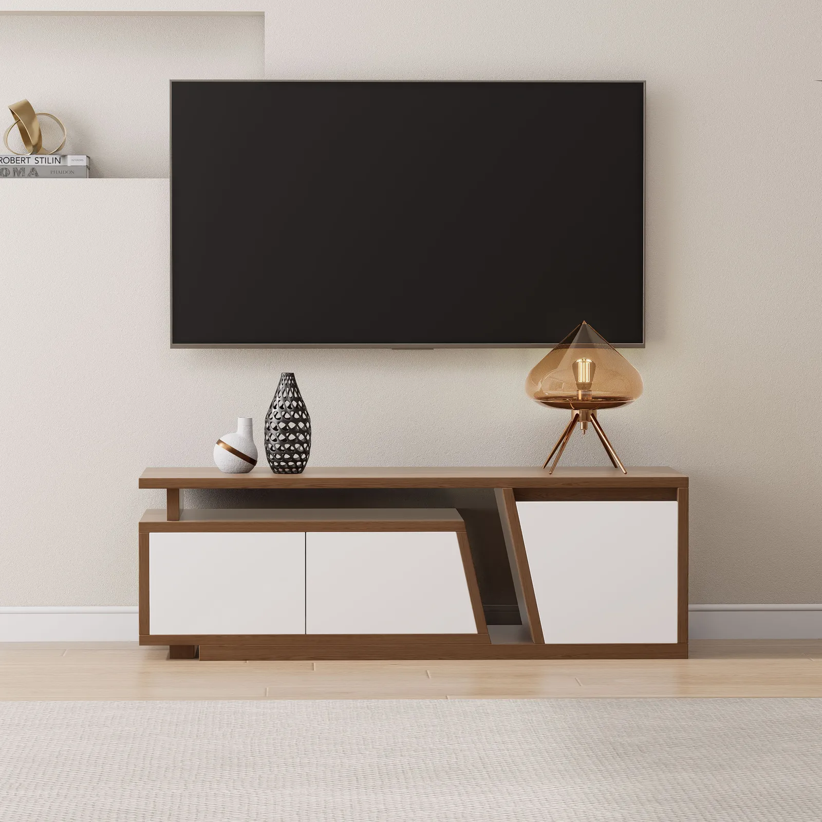 Storage Modern White & Walnut Wood TV Stand Extendable 1200 mm - 1800 mm Floor-standing TV Unit with 3 Drawers