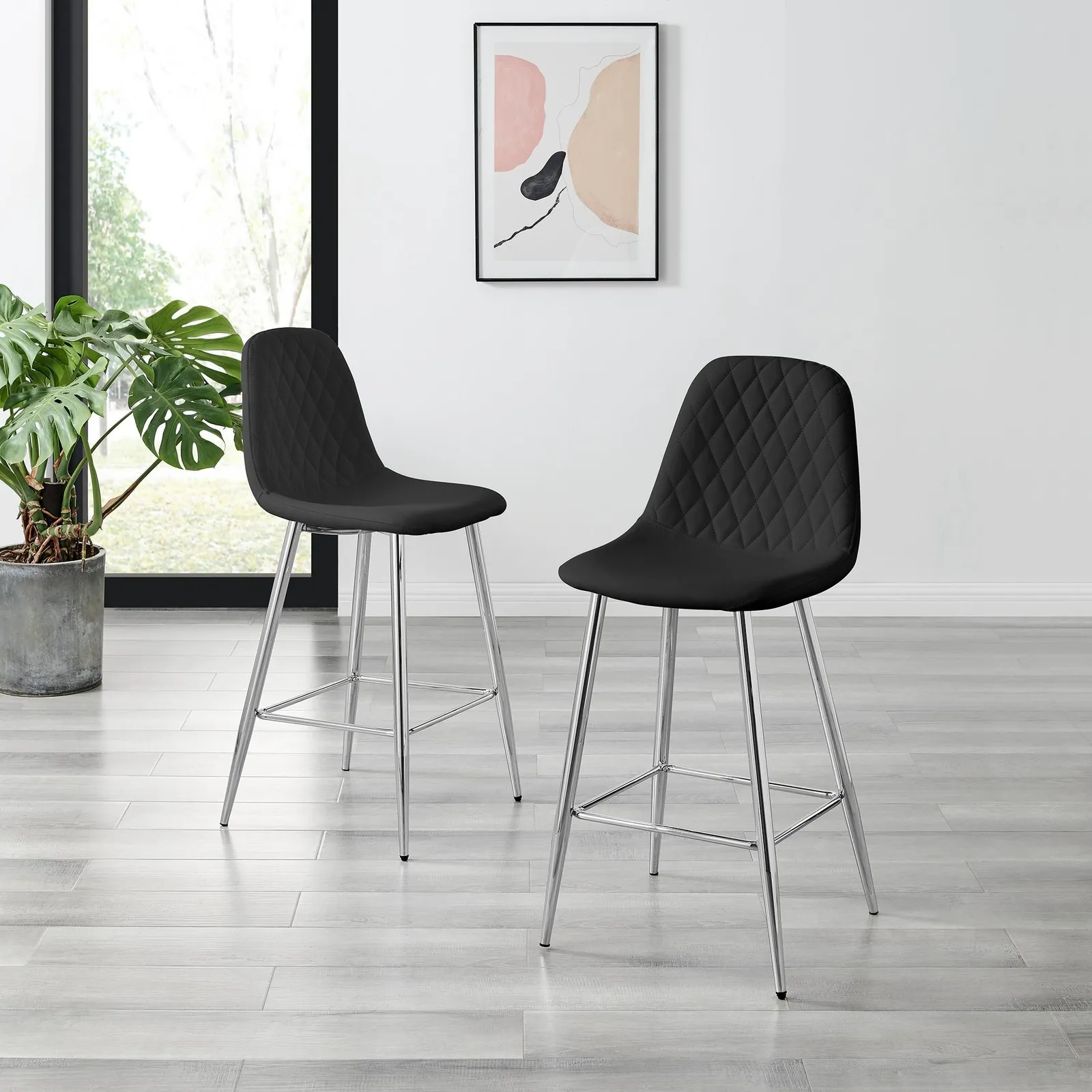 FurnitureboxUK Corona Set of 2 Counter Stools - Faux Leather Counter Stools With Silver Legs - Kitchen Island Stool in Black 2
