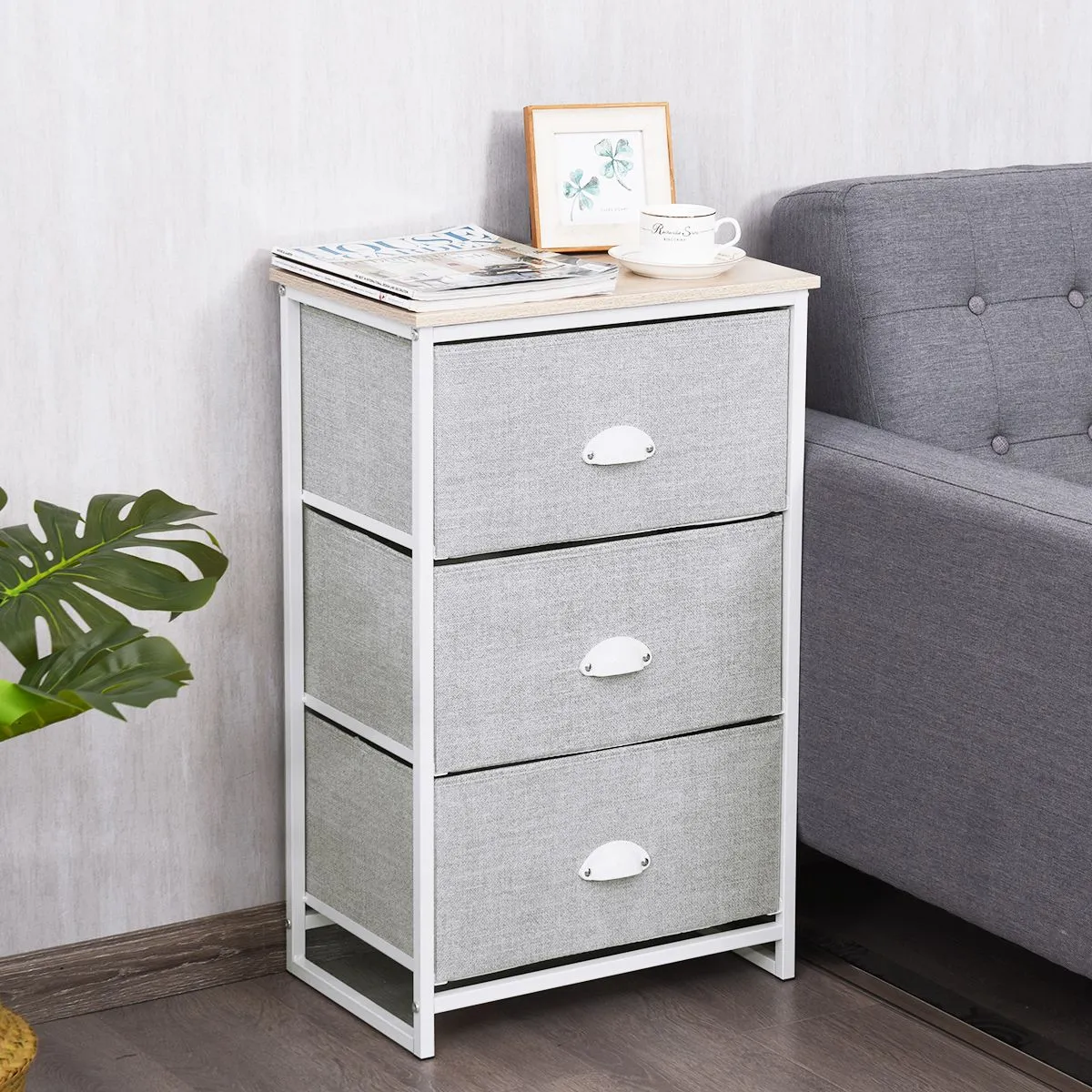 Costway 3-Drawer Fabric Dresser Metal Frame Chest of Drawers Nightstand 6