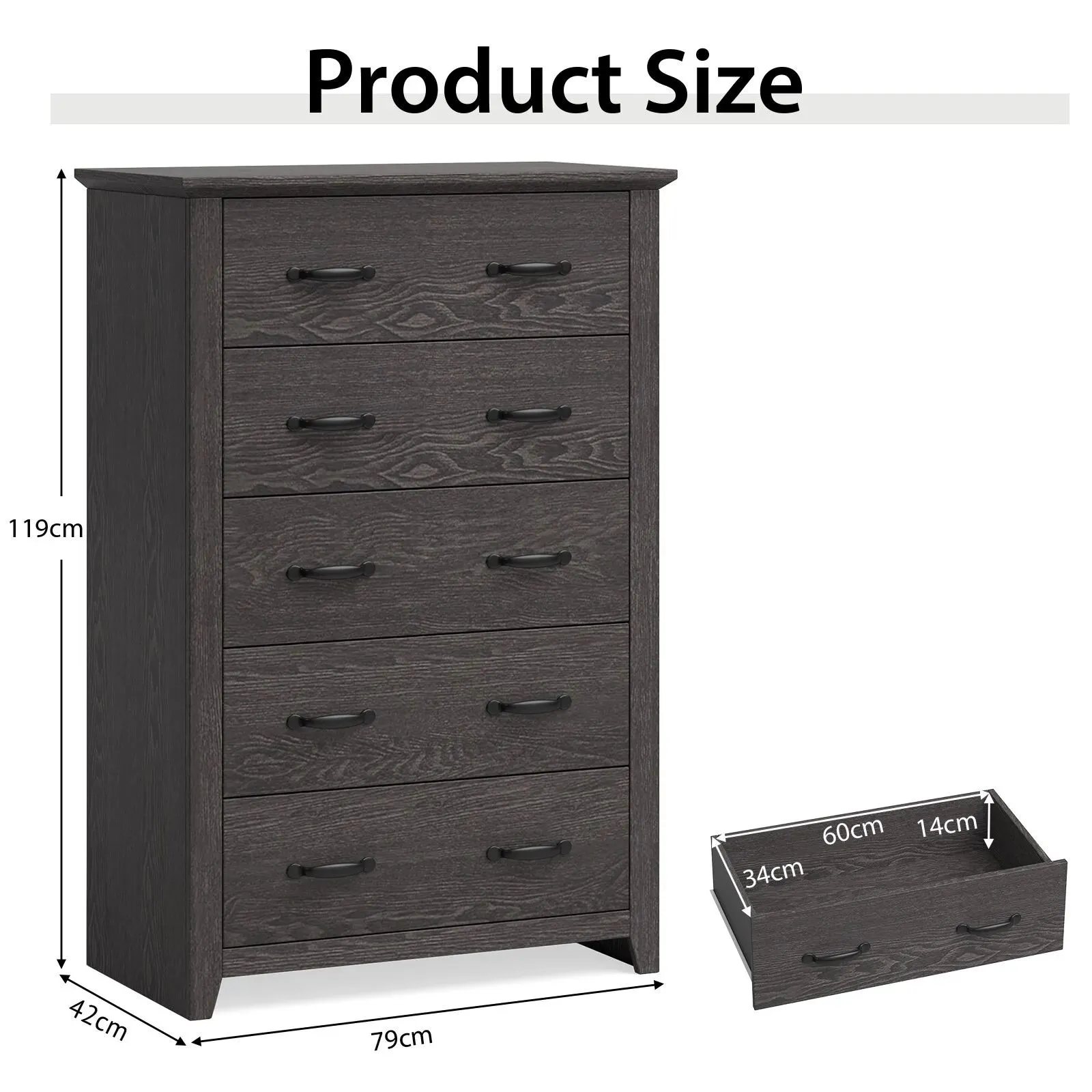 Costway 5 Drawer Dresser Vertical Chest of Drawers Wooden Storage Dresser Organizer in Grey 2