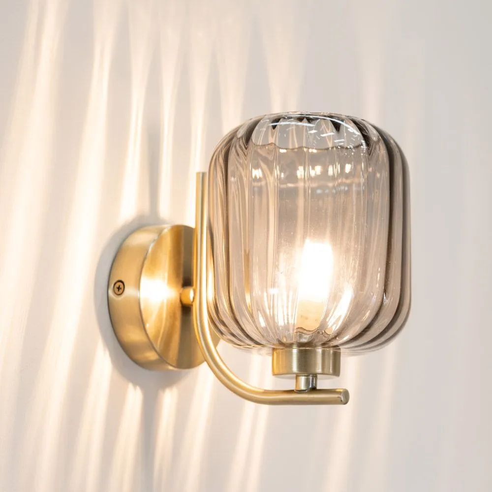 ValueLights Amelie Pair of Gold Stem Single Ribbed Glass Lamp Wall Light with LED Bulbs 3