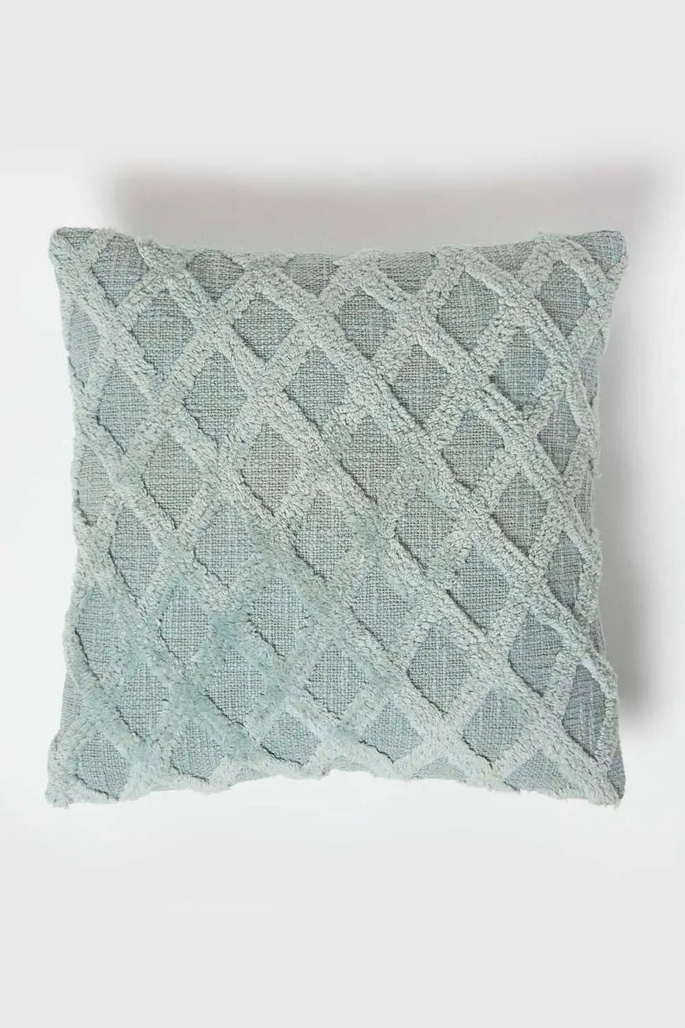 Homescapes Geometric Diamond Tufted Cotton Cushion in Green 1
