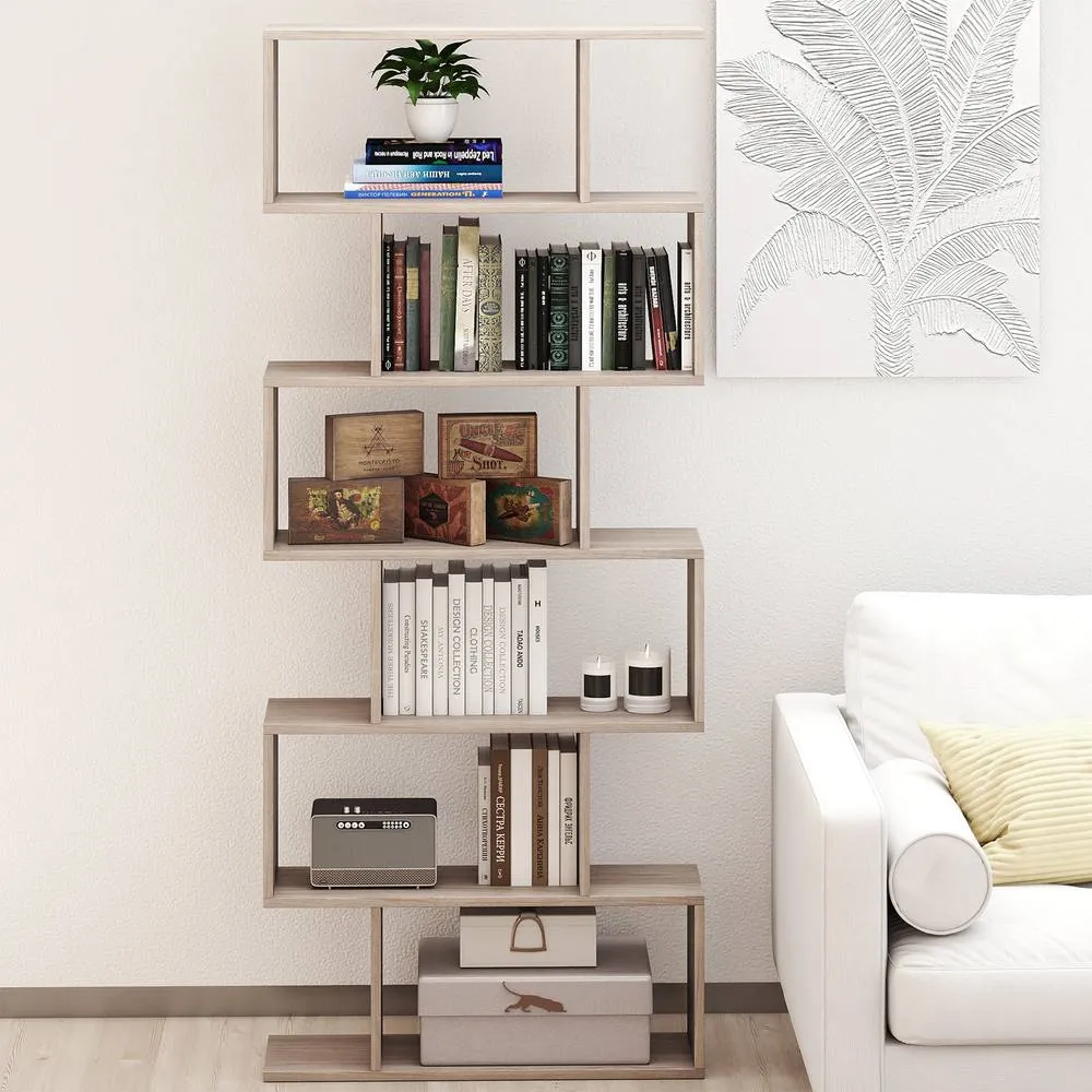 Costway 6-tier Bookcase S-Shaped Bookshelf Wooden Storage Display Rack in Light Oak 3