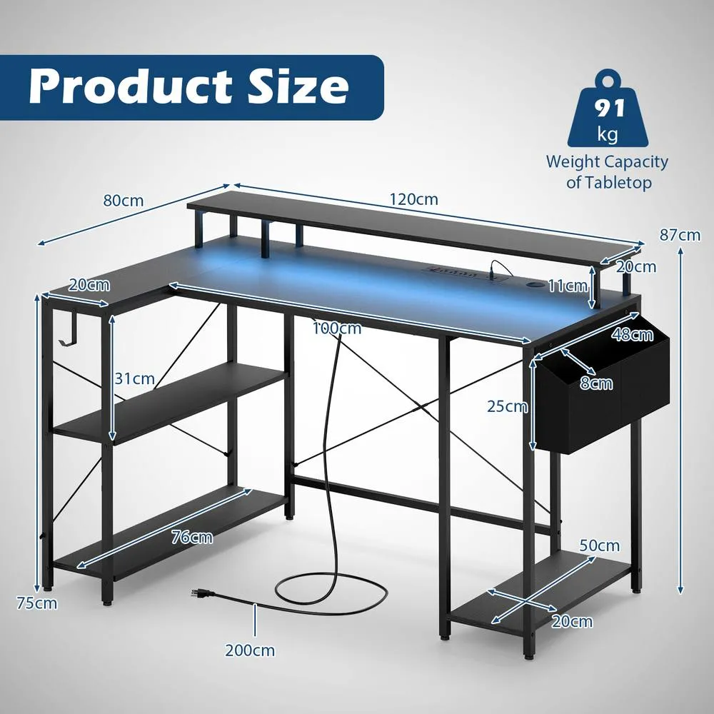 Costway LShaped Gaming Desk with LED Lights & Power Outlets in Black 2