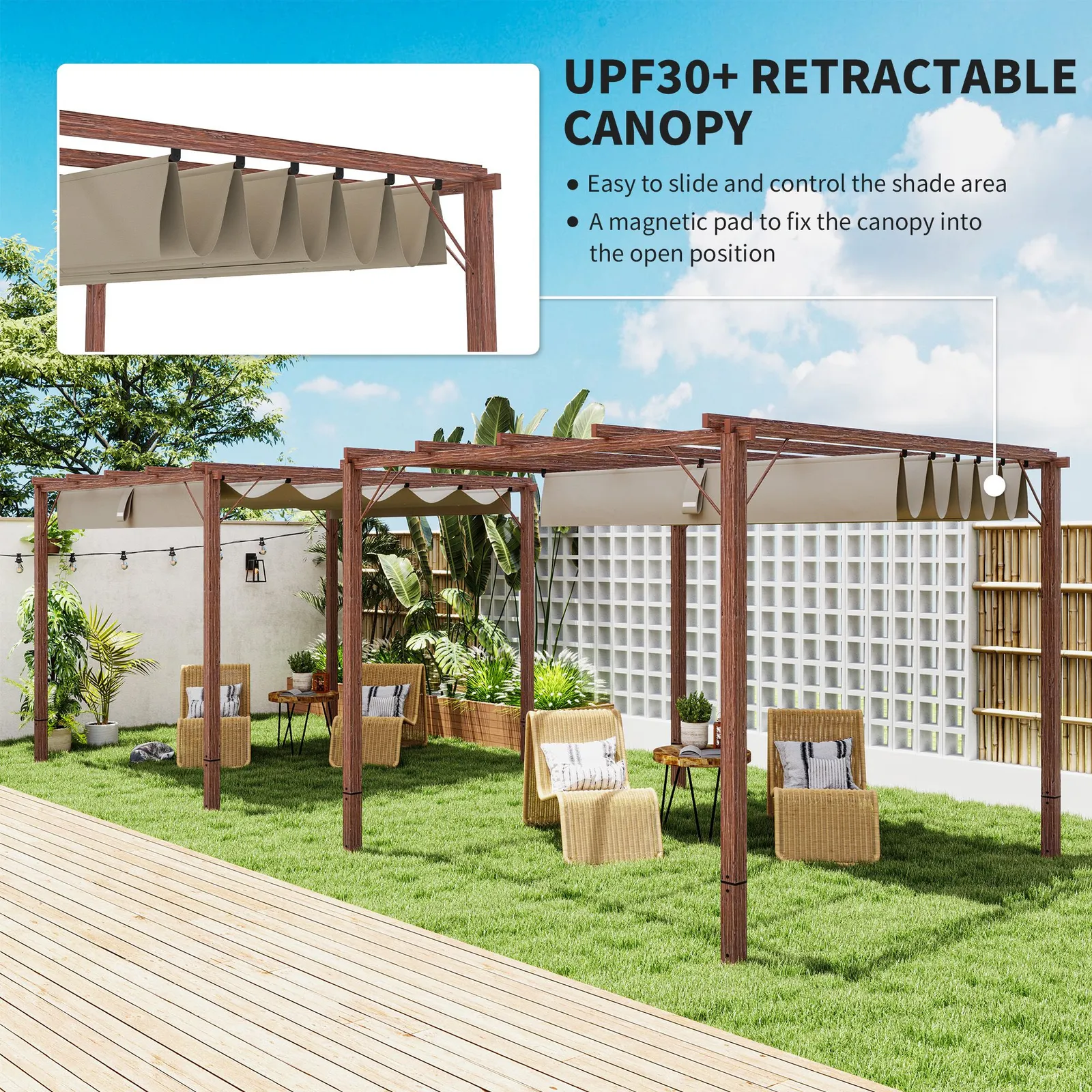 OUTSUNNY 3 x 3(m) Aluminium Garden Pergola with Retractable Roof, Natural 4