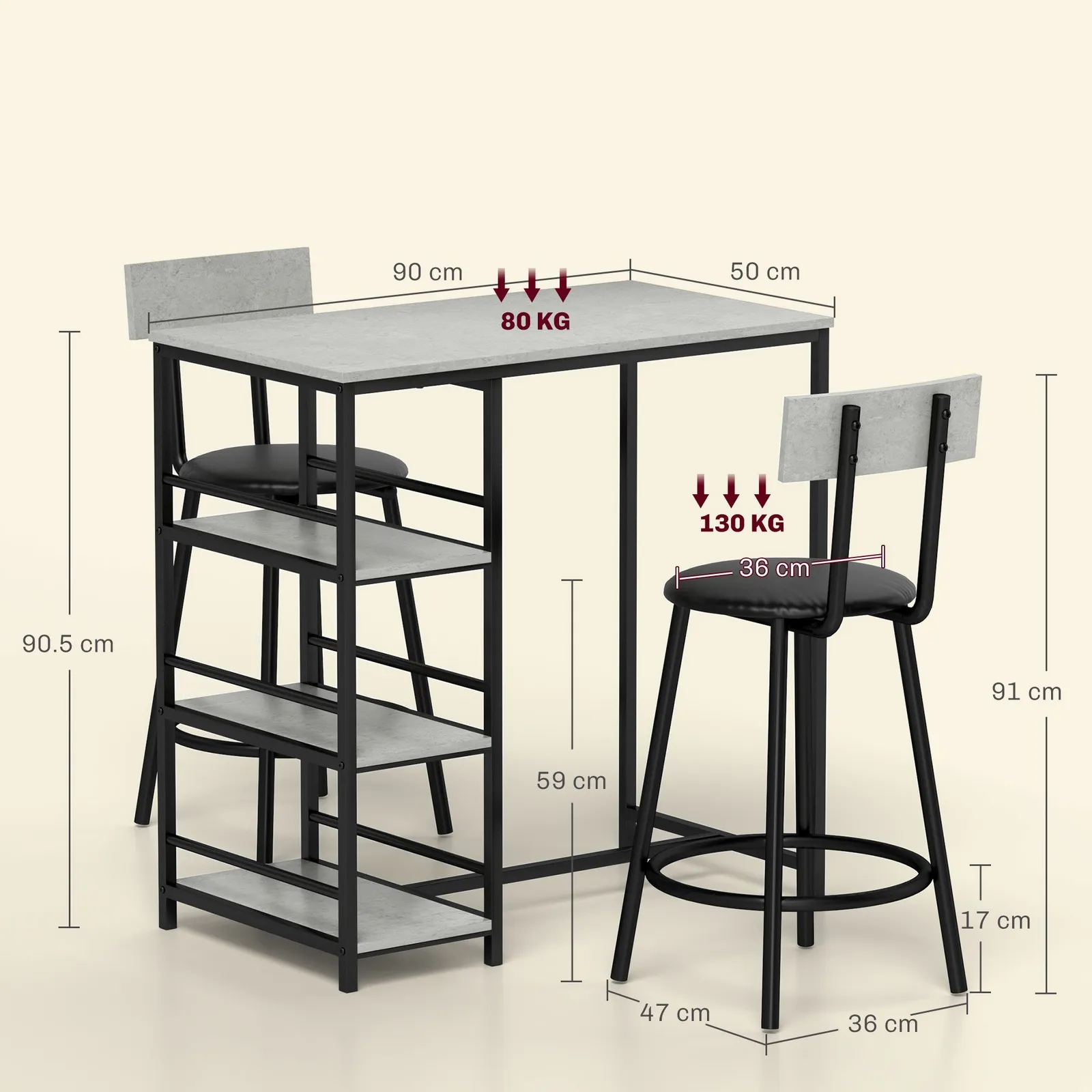 HOMCOM 3 Piece Breakfast Bar Table Set with Storage Shelves, Light Grey 3