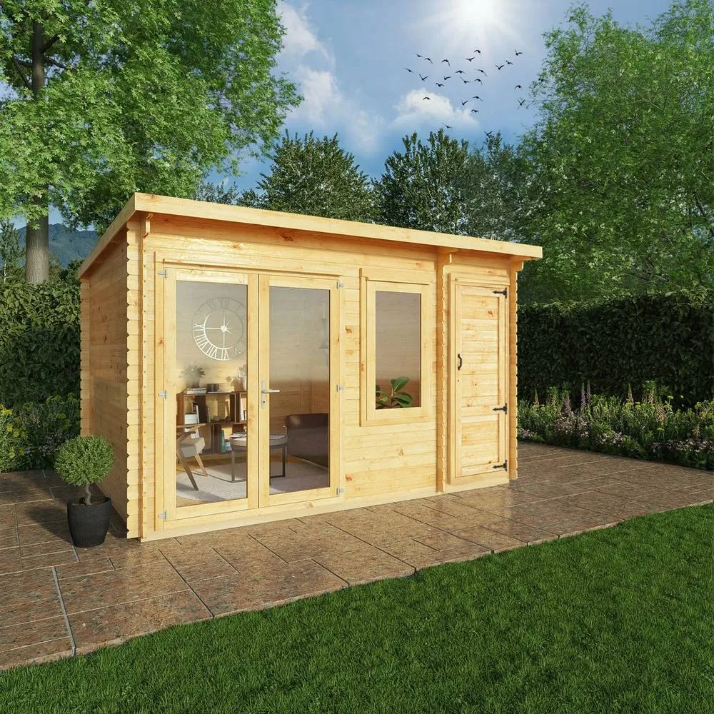 Mercia Elite Pent Log Cabin w/ Side Shed, 28 mm - L333.5 x W413.6 x H249.4 cm in Light Brown 6