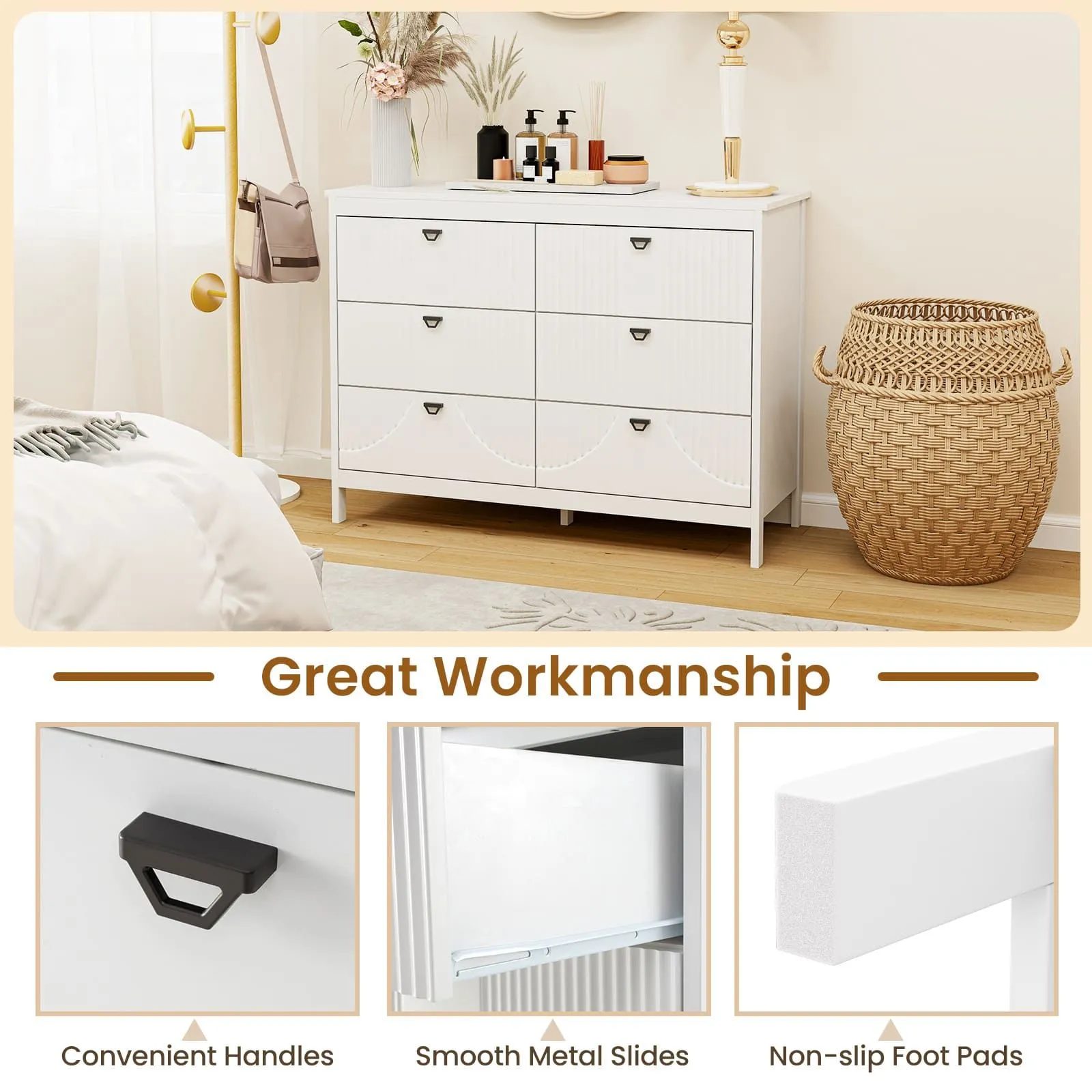 Costway 6-Drawer Dresser Bedroom Modern Style Chest of Drawers-White in White 2