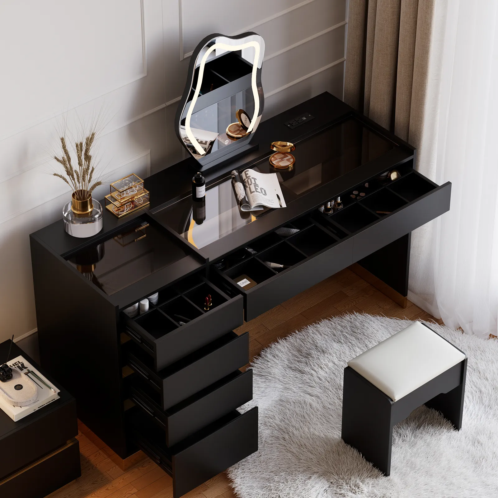 Modern Black Dressing Table with Chair with Lighted Vanity Mirror & Charging Station & Jewellery Storage Dressing Table
