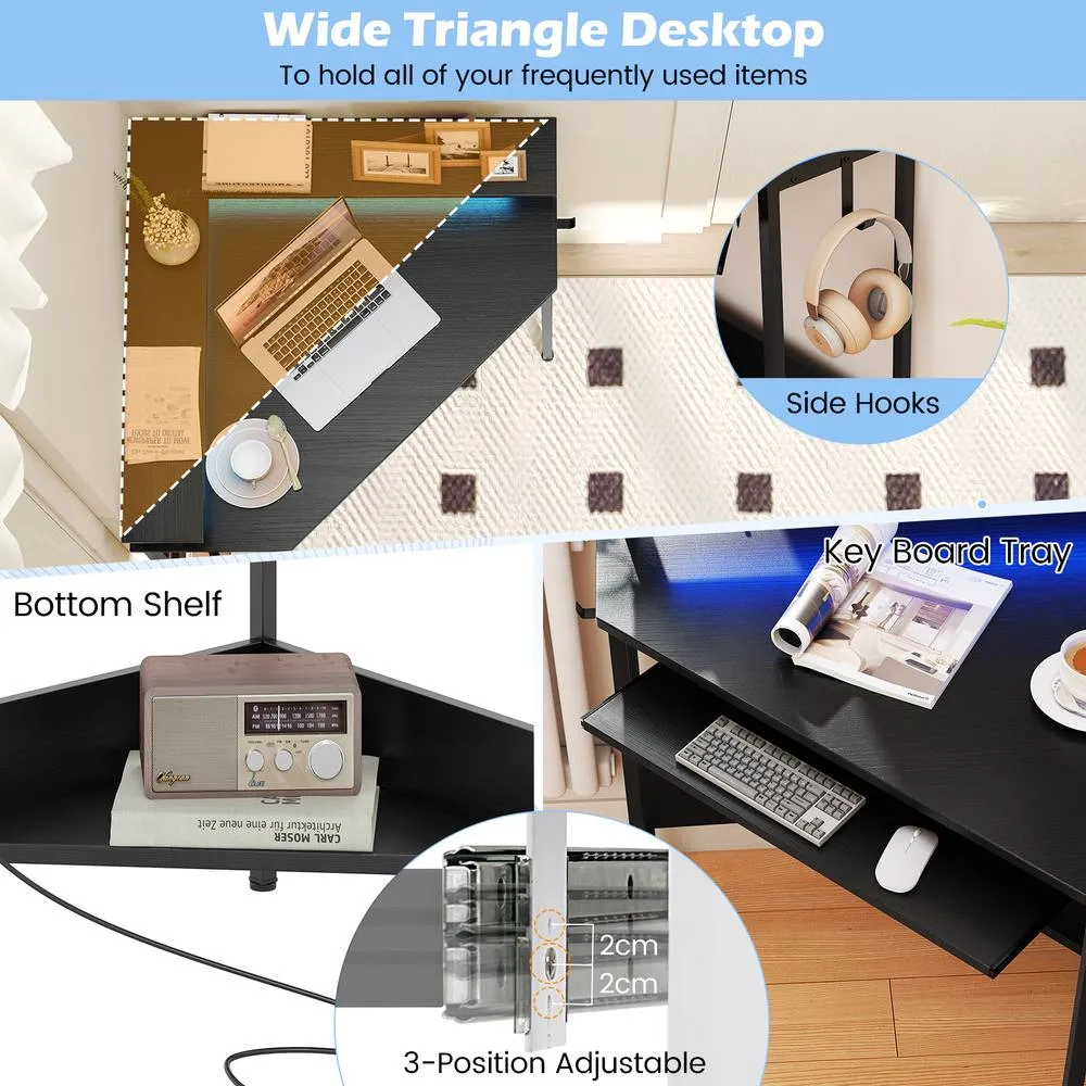 Costway Corner Desk Charging Station Home Triangle Gaming Desk LED in Black 6