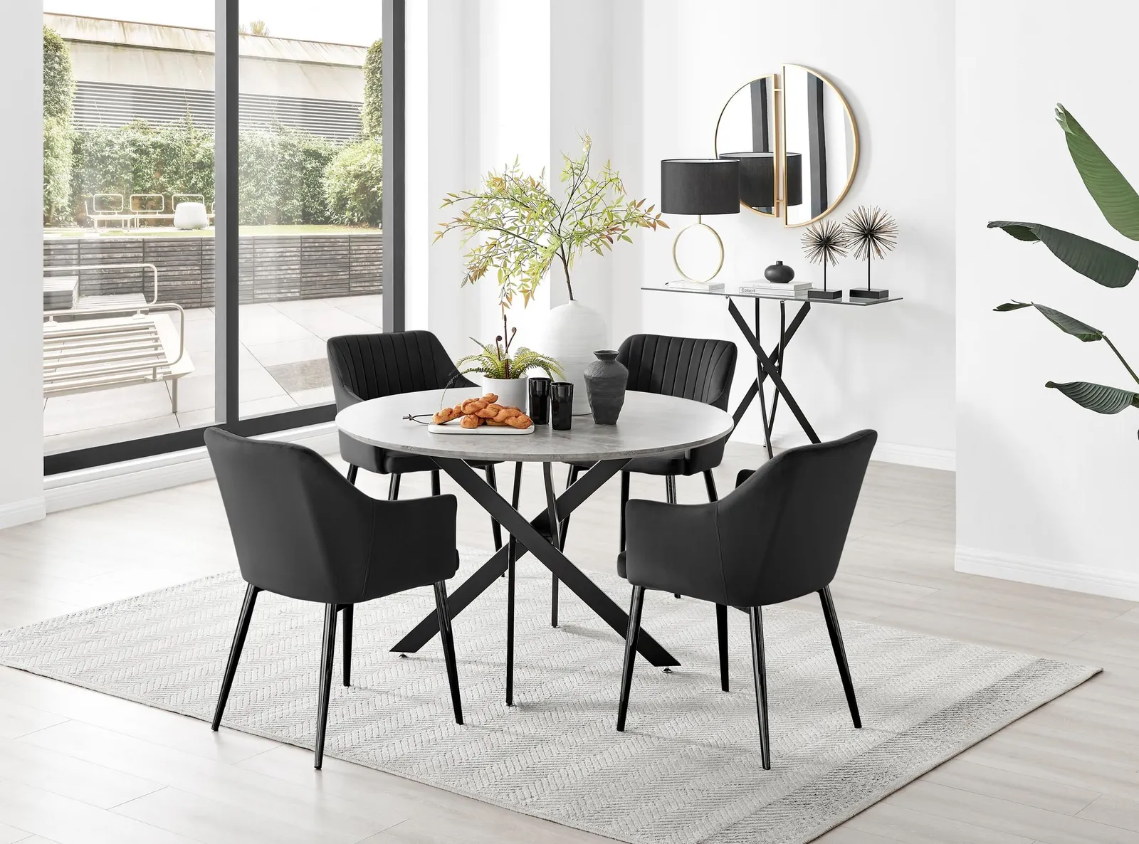 FurnitureboxUK Novara Grey Concrete Effect Black Leg 120cm Round Dining Table & 4 Calla Black Leg Chairs 1