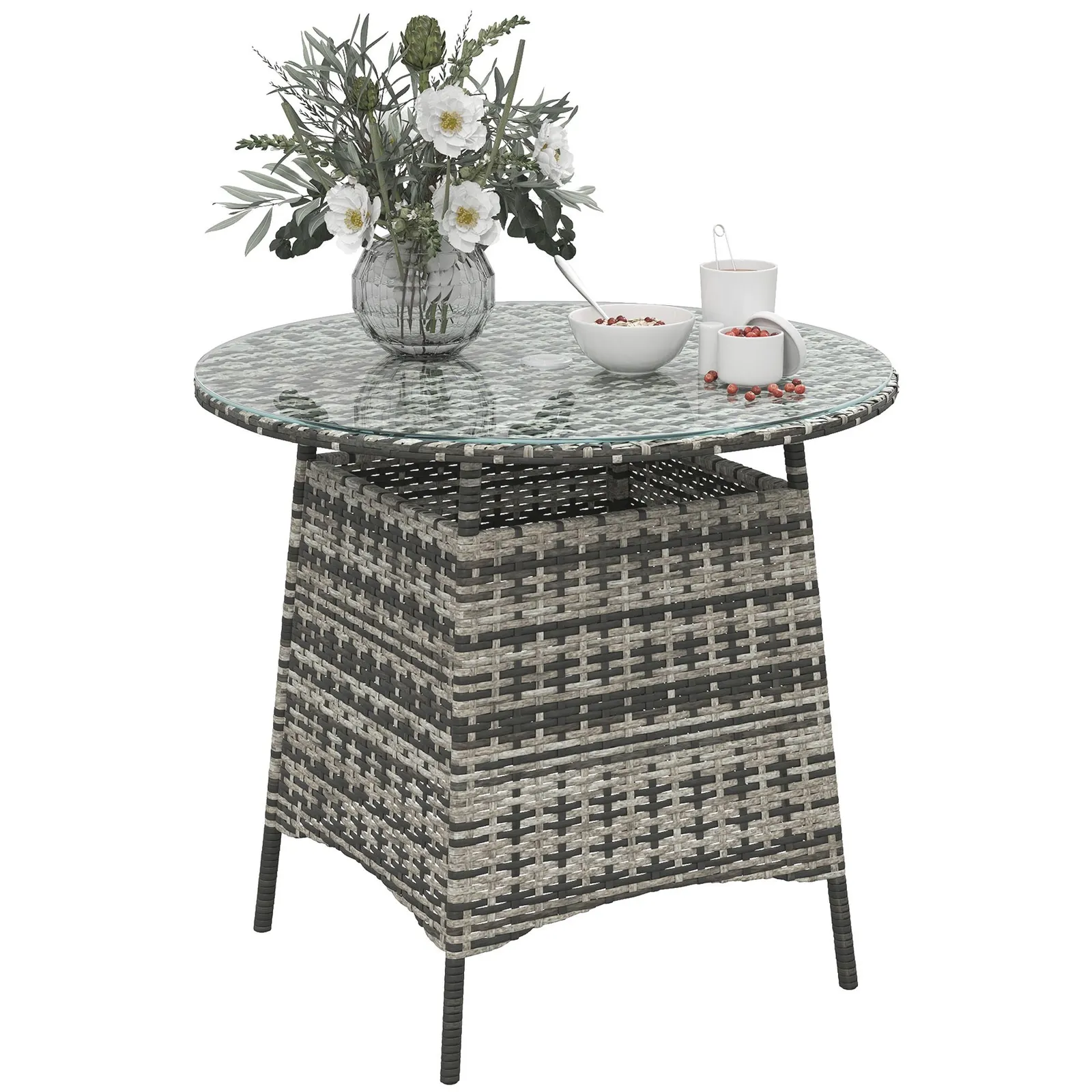 OUTSUNNY Wicker Garden Rattan Table with Umbrella Hole & Tempered Glass Top in Grey 2